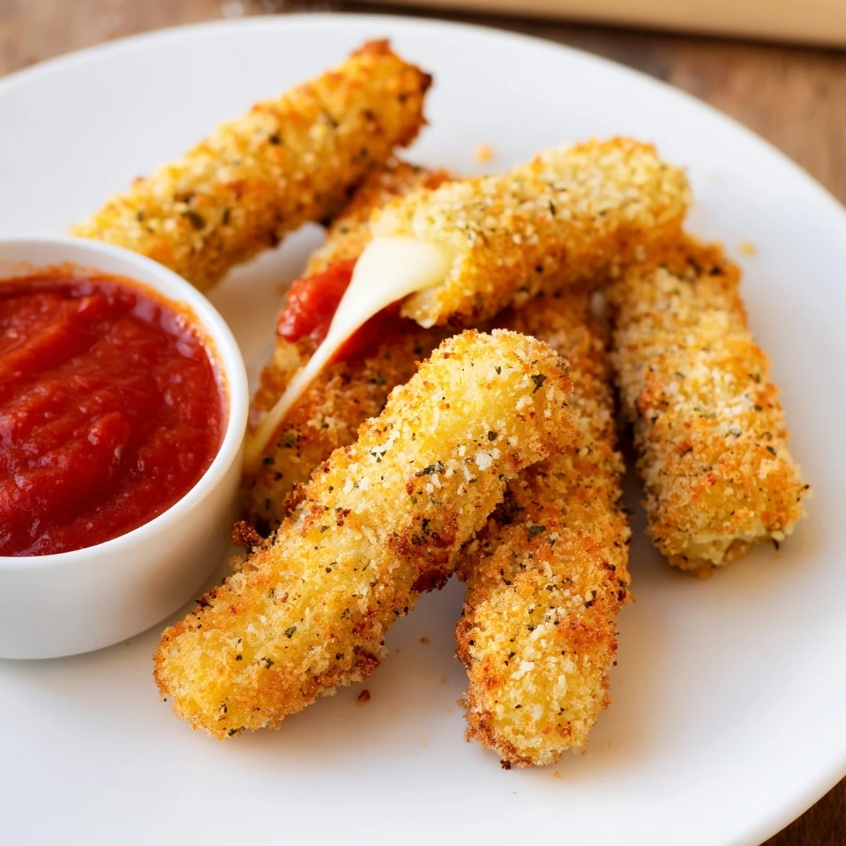 Golden, crispy air fryer mozzarella sticks, perfect for dipping in warm marinara sauce.