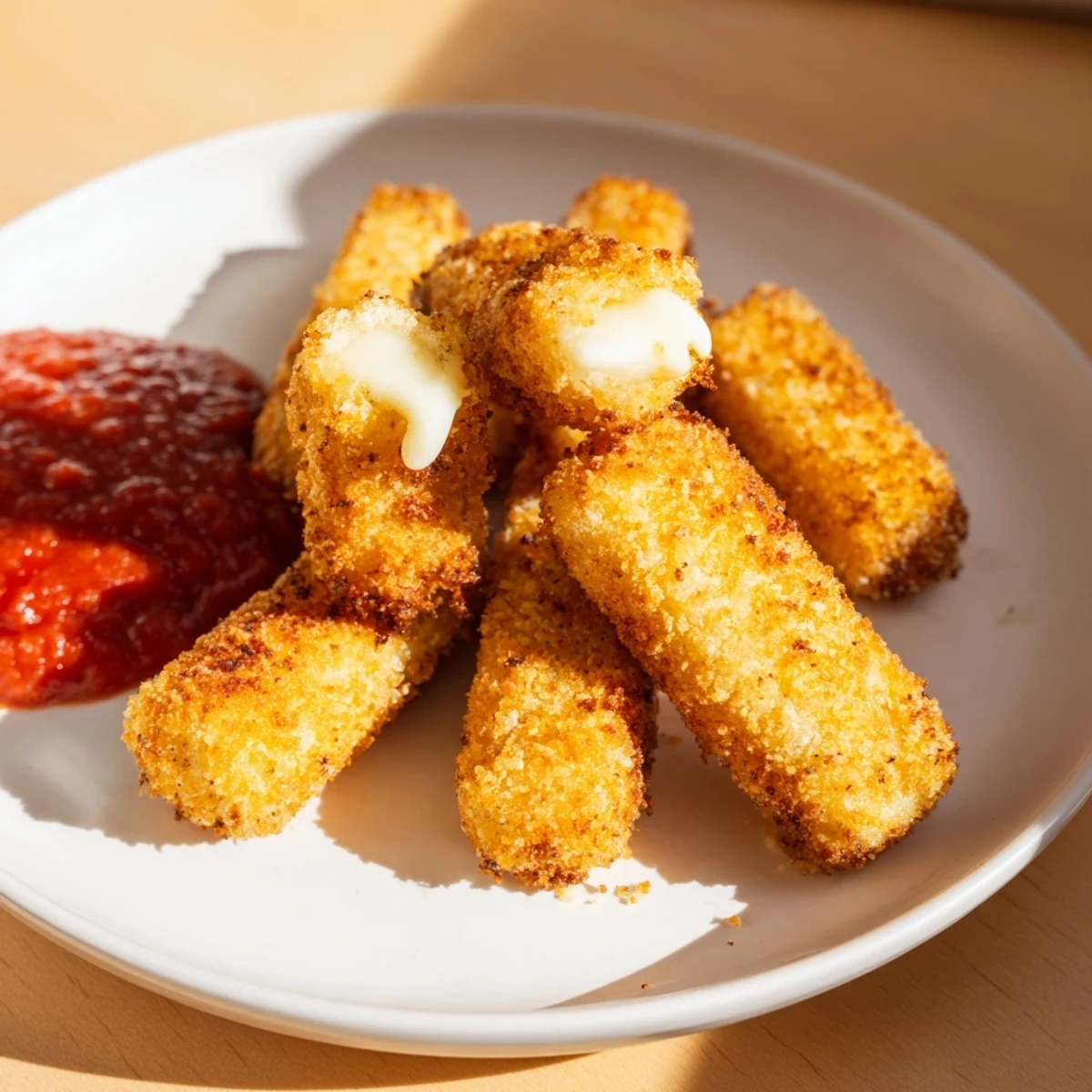 Easy air fryer mozzarella sticks, breaded and golden-brown, served with a vibrant red marinara.