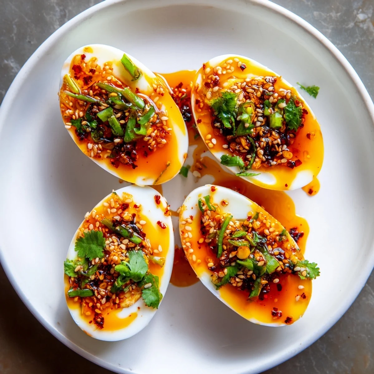 Chili Oil Eggs glistening with a vibrant red chili oil, a delightful, spicy breakfast to enjoy.