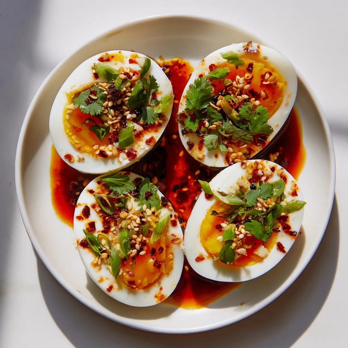 A pair of savory Chili Oil Eggs, showcasing a jammy yolk, ready to be topped with Asian-inspired flavors.
