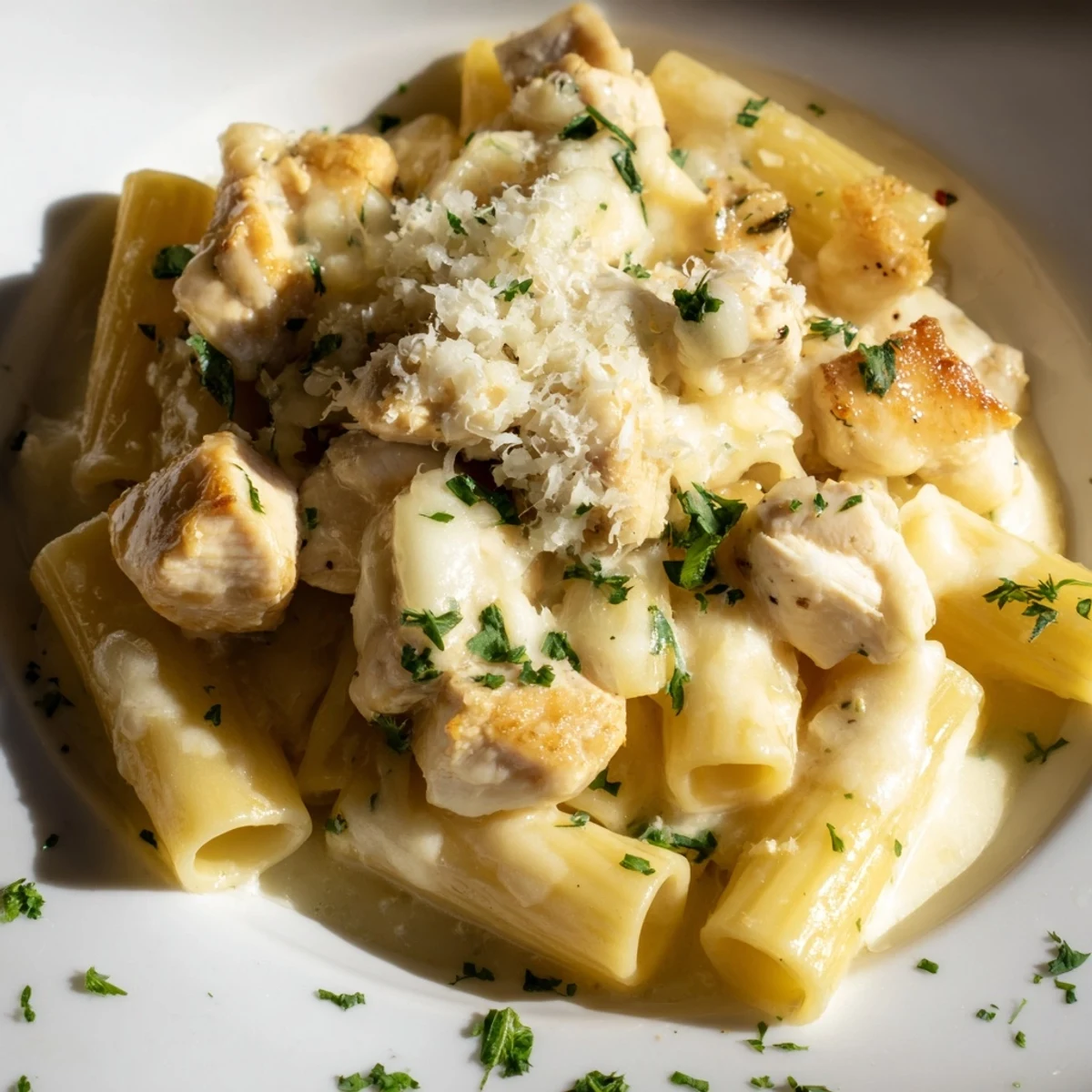 Golden, bubbly Chicken Alfredo Bake, with creamy sauce and pasta, ready to serve and enjoy.
