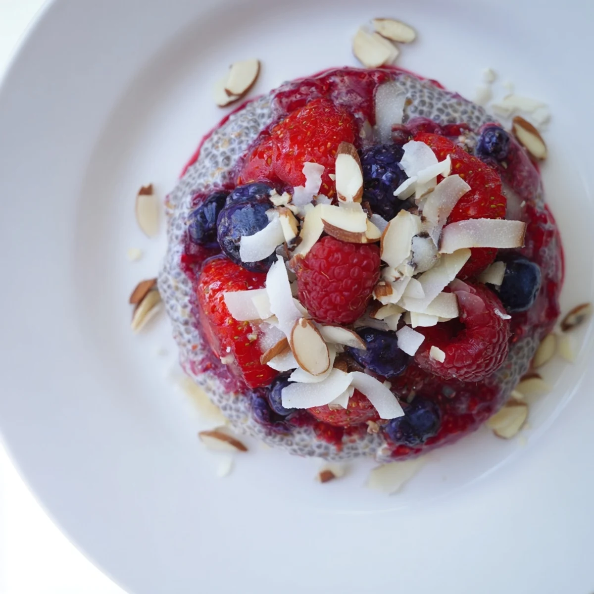 Creamy berry chia pudding layered in a glass, with vibrant berries adding a burst of color.