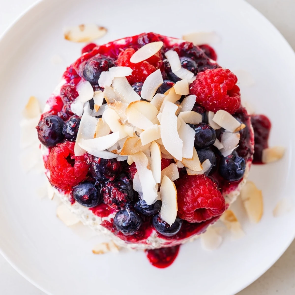 A refreshing berry chia pudding, topped with fresh berries, offering a sweet, healthy breakfast option.