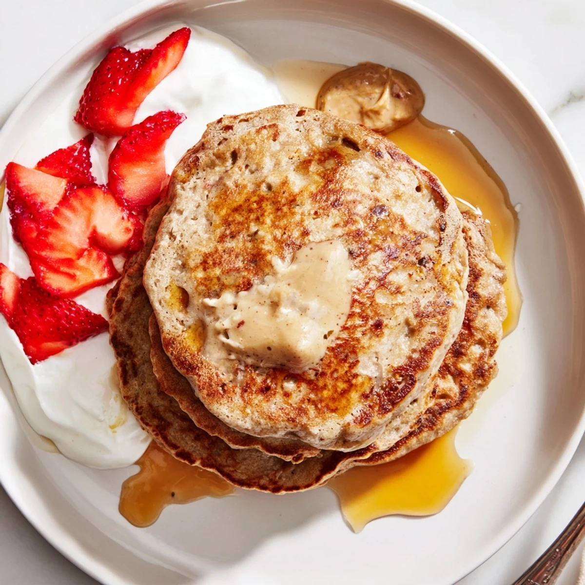 Golden and fluffy Protein Banana Pancakes, served with fresh berries, ideal for a filling breakfast.