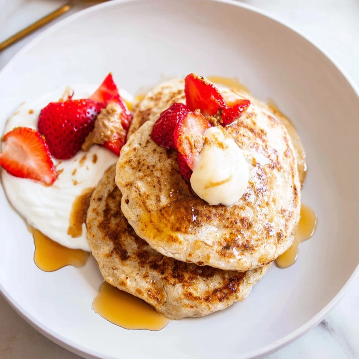 Stack of homemade Protein Banana Pancakes, showing a light, airy texture ready to be enjoyed.