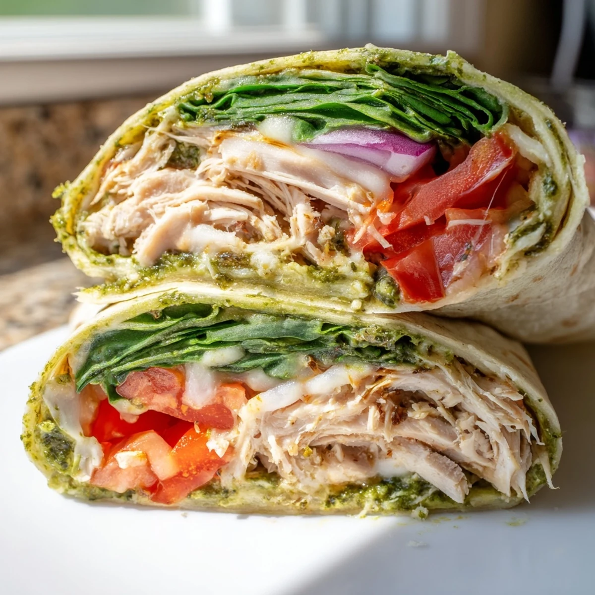 A delicious, loaded pesto chicken wrap, showcasing its savory chicken, pesto, and colorful fillings.