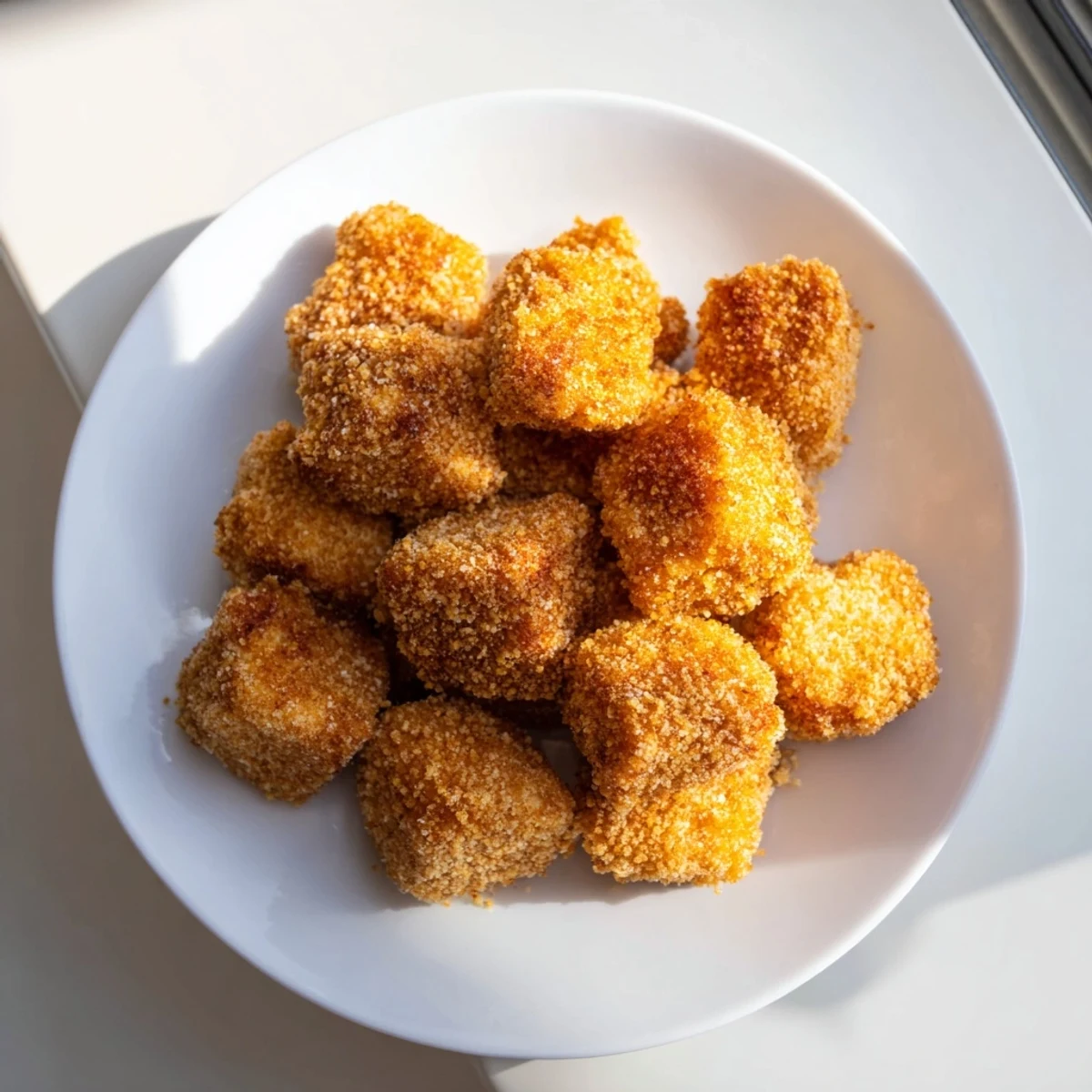 See the crunchy coating on these golden-brown crispy tofu nuggets, ready for dipping on your plate.
