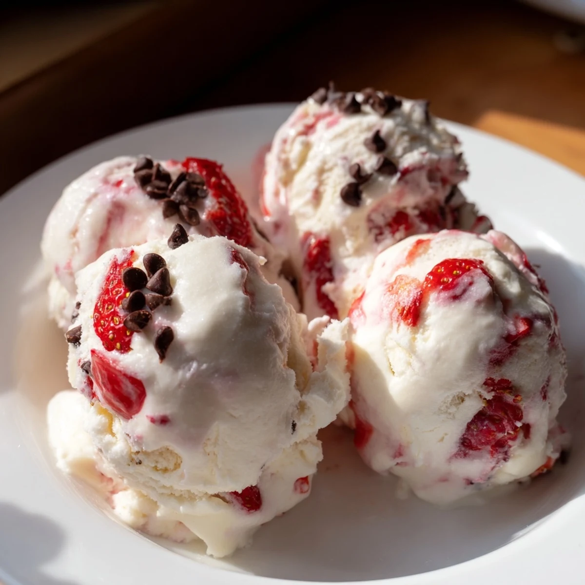 Smooth, creamy cottage cheese ice cream, ready to scoop, with optional strawberry mix-ins.