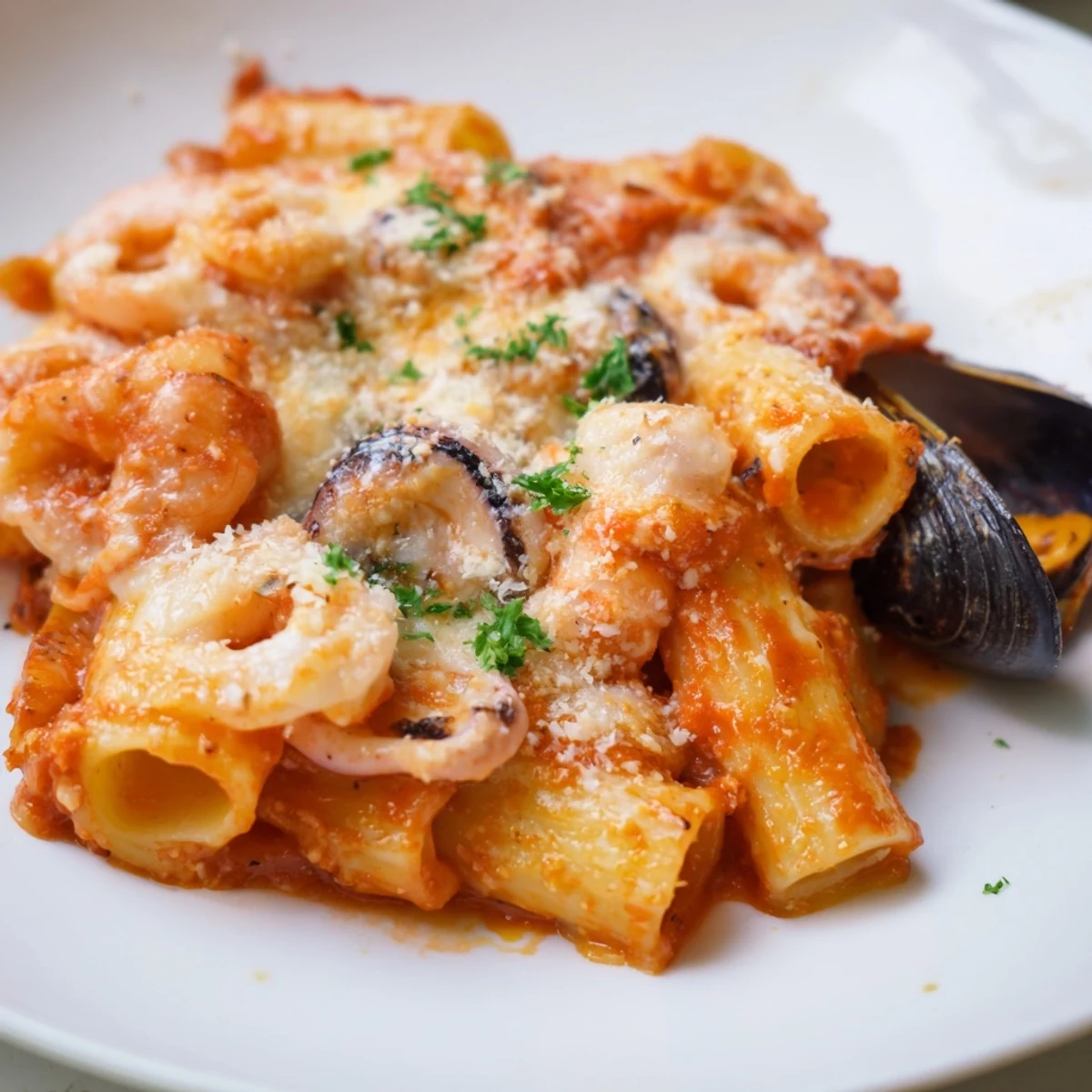 A steaming plate of Seafood Pasta Bake with melted cheese, perfect for a cozy dinner.