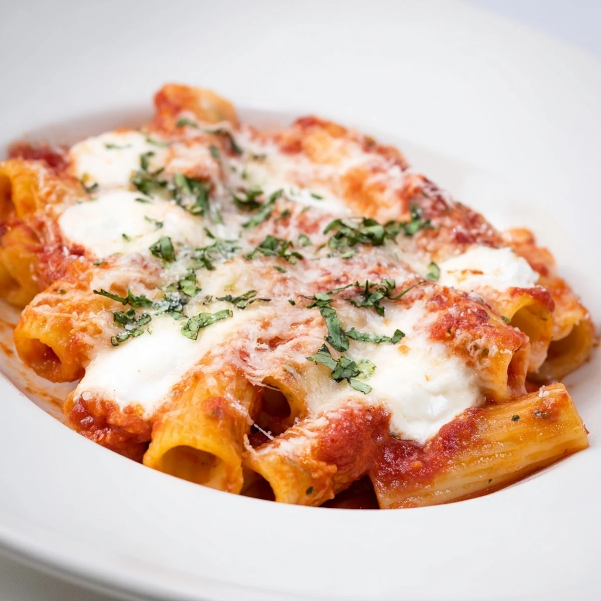 Golden, bubbly Four Cheese Baked Pasta with a crusty top, ready to serve and enjoy.