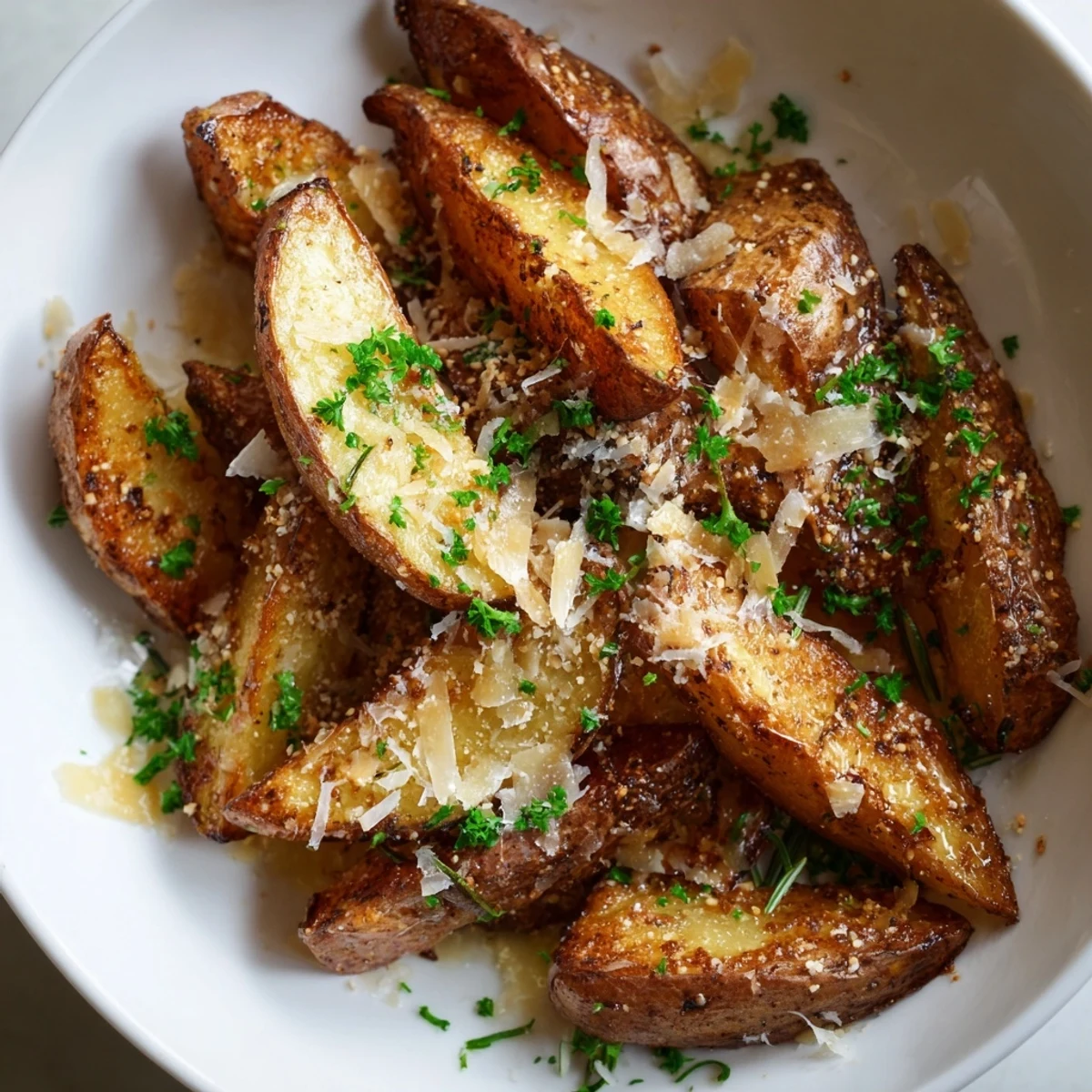 Oven-baked Rosemary Parmesan Potato Wedges: The image shows perfectly crisp, golden potato wedges ready to eat.
