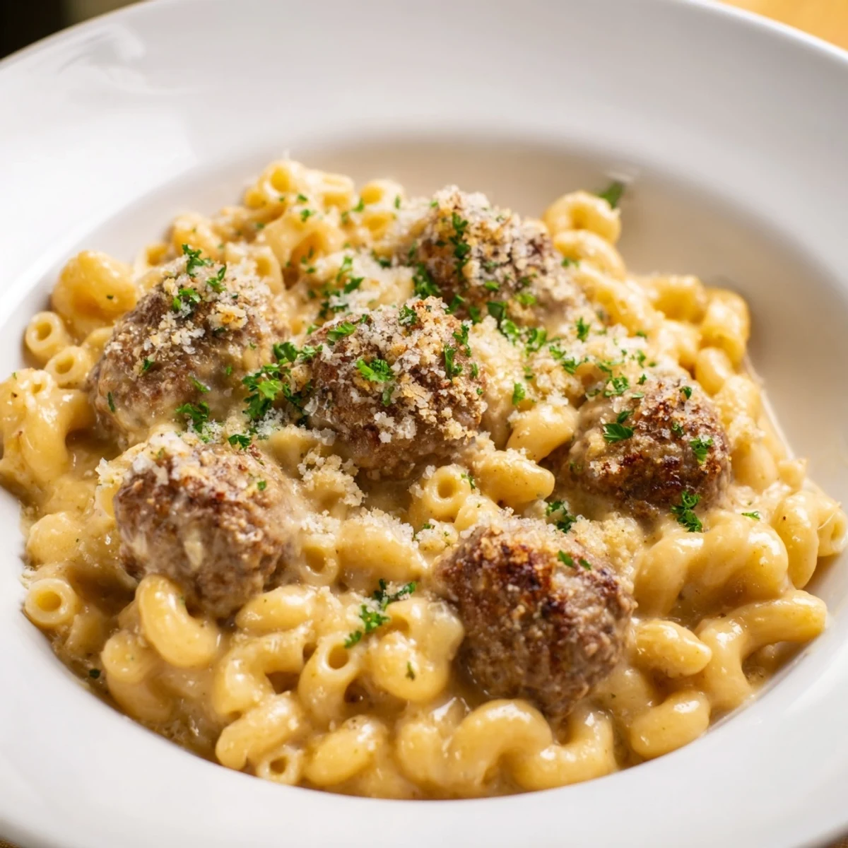 Golden, bubbly Mac & Cheese Meatball Bake, a comforting casserole with melted cheese and meatballs.