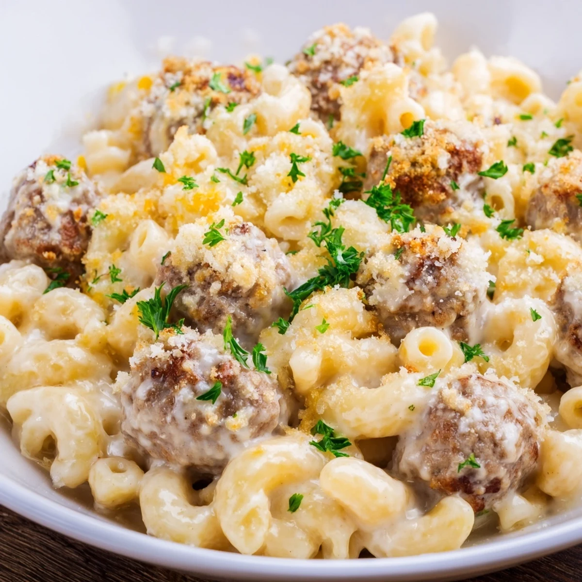 A close-up of a richly flavored Mac & Cheese Meatball Bake, perfect for a cozy family dinner.