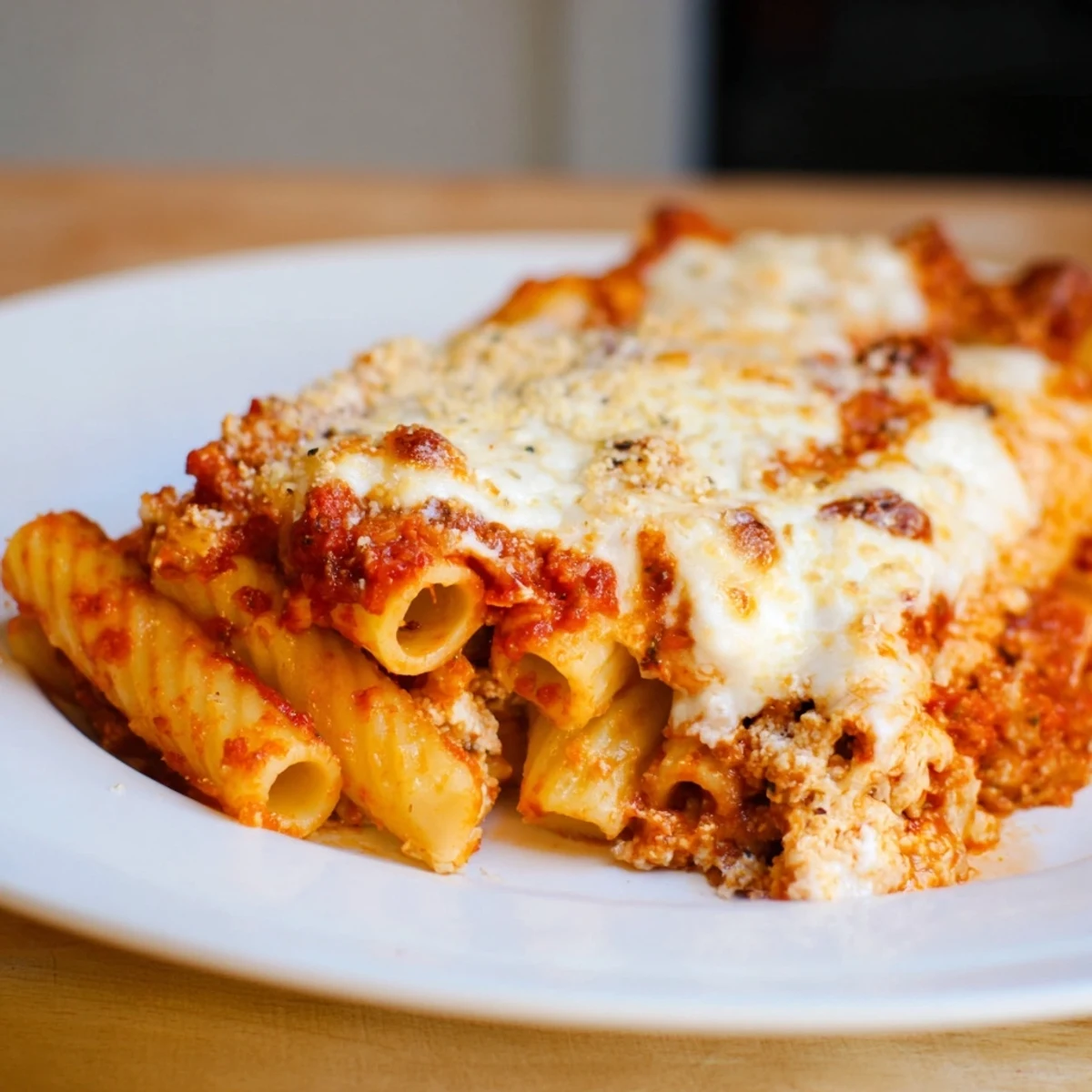 Delicious Cheesy Baked Ziti with melted mozzarella and marinara, perfect for a family-style Italian feast.