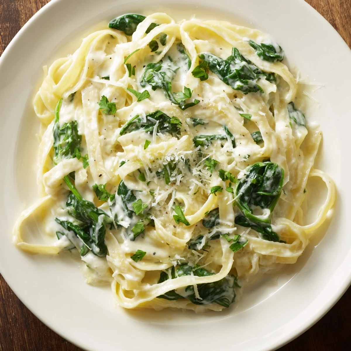 Creamy Spinach Fettuccine Alfredo: A beautiful, creamy pasta dish with bright green spinach and Parmesan.
