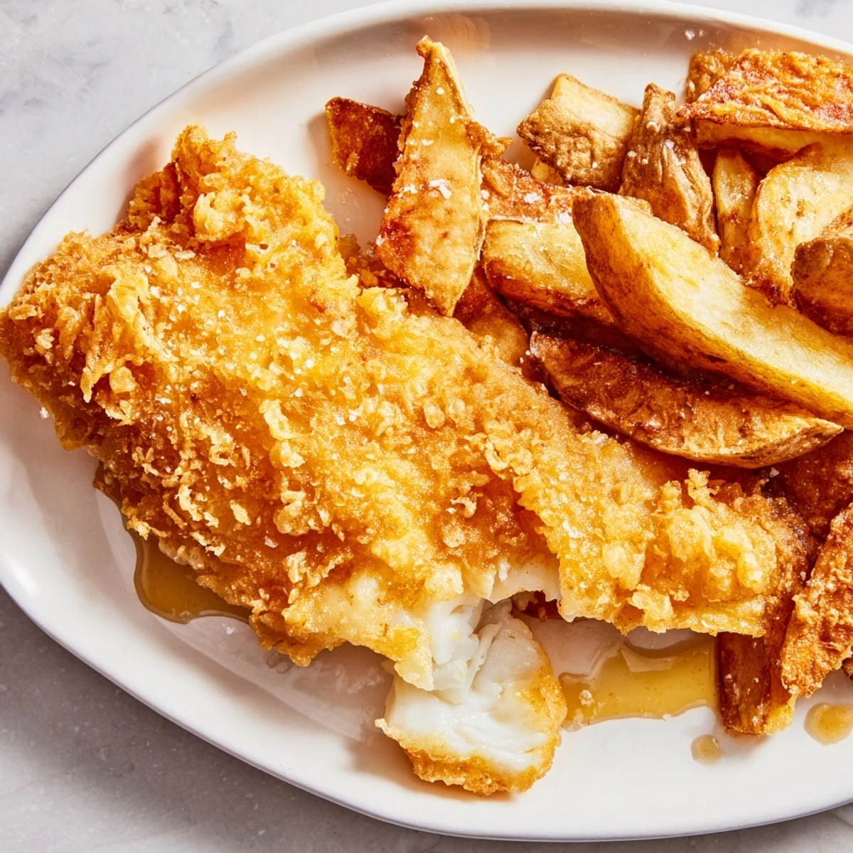 Golden, crispy British fish and chips, a pub classic, served with malt vinegar and thick-cut fries.