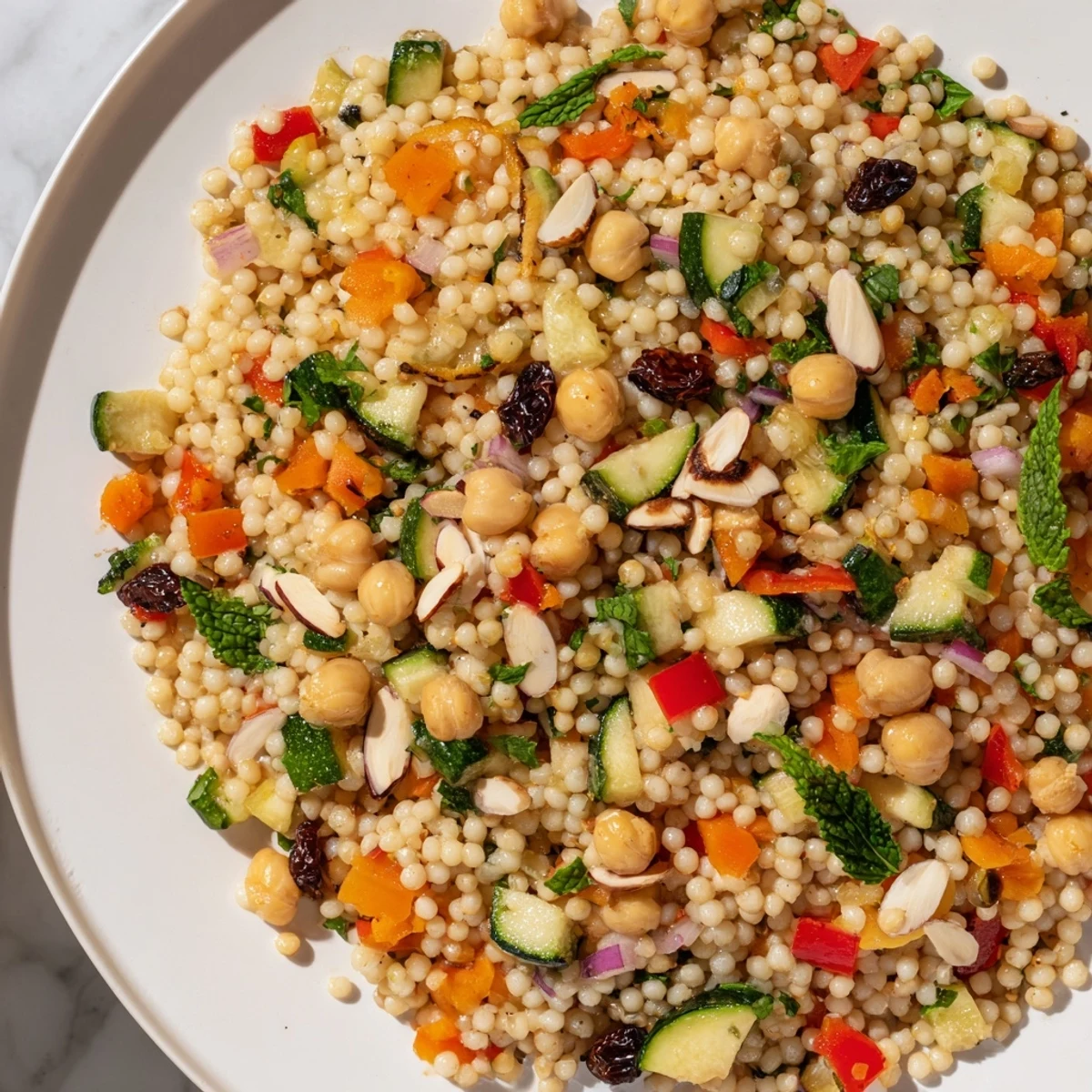 Fluffy Moroccan couscous salad with roasted veggies, herbs, and a bright, zesty lemon dressing.