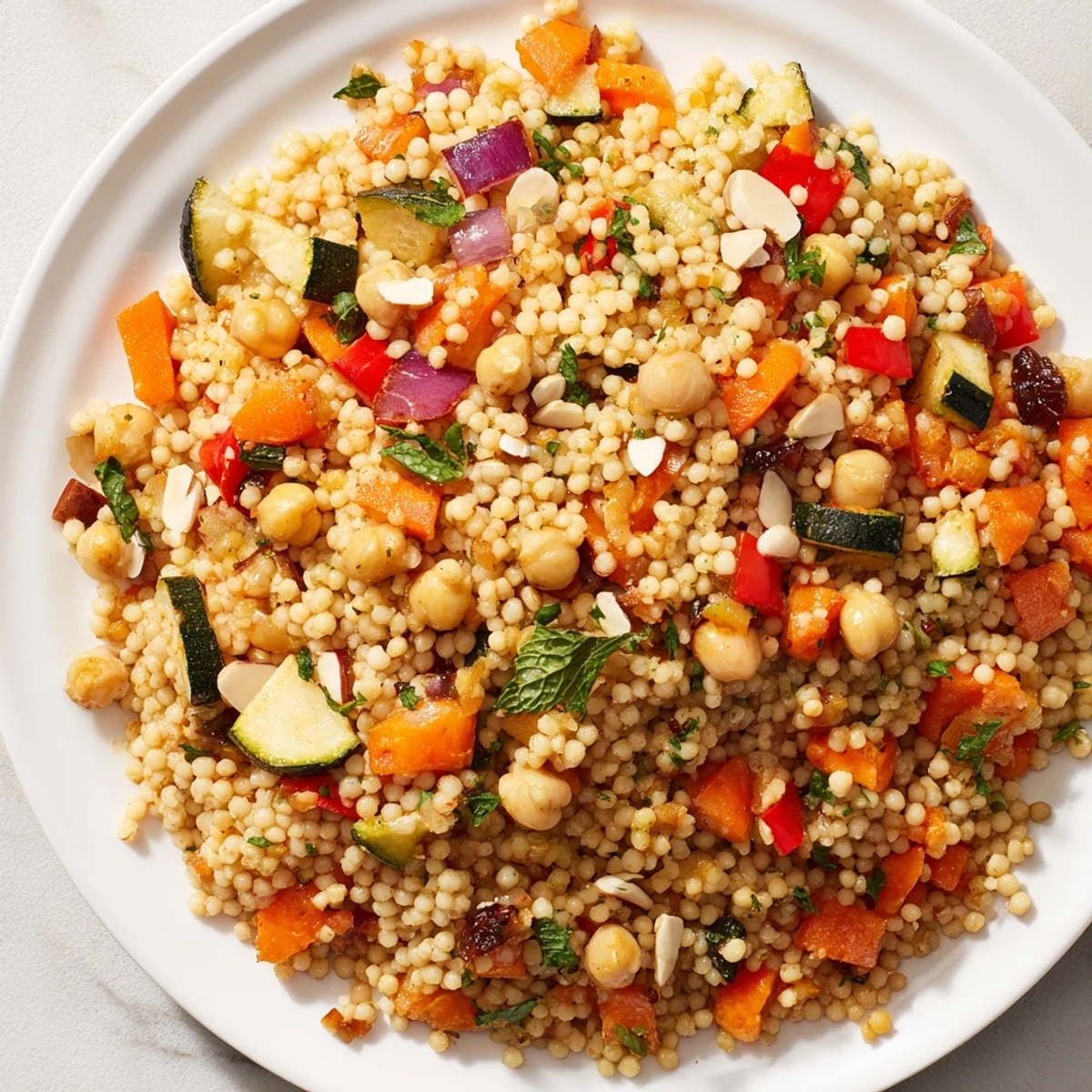 A colorful bowl brimming with Moroccan couscous salad, showcasing plump couscous and vibrant roasted vegetables.