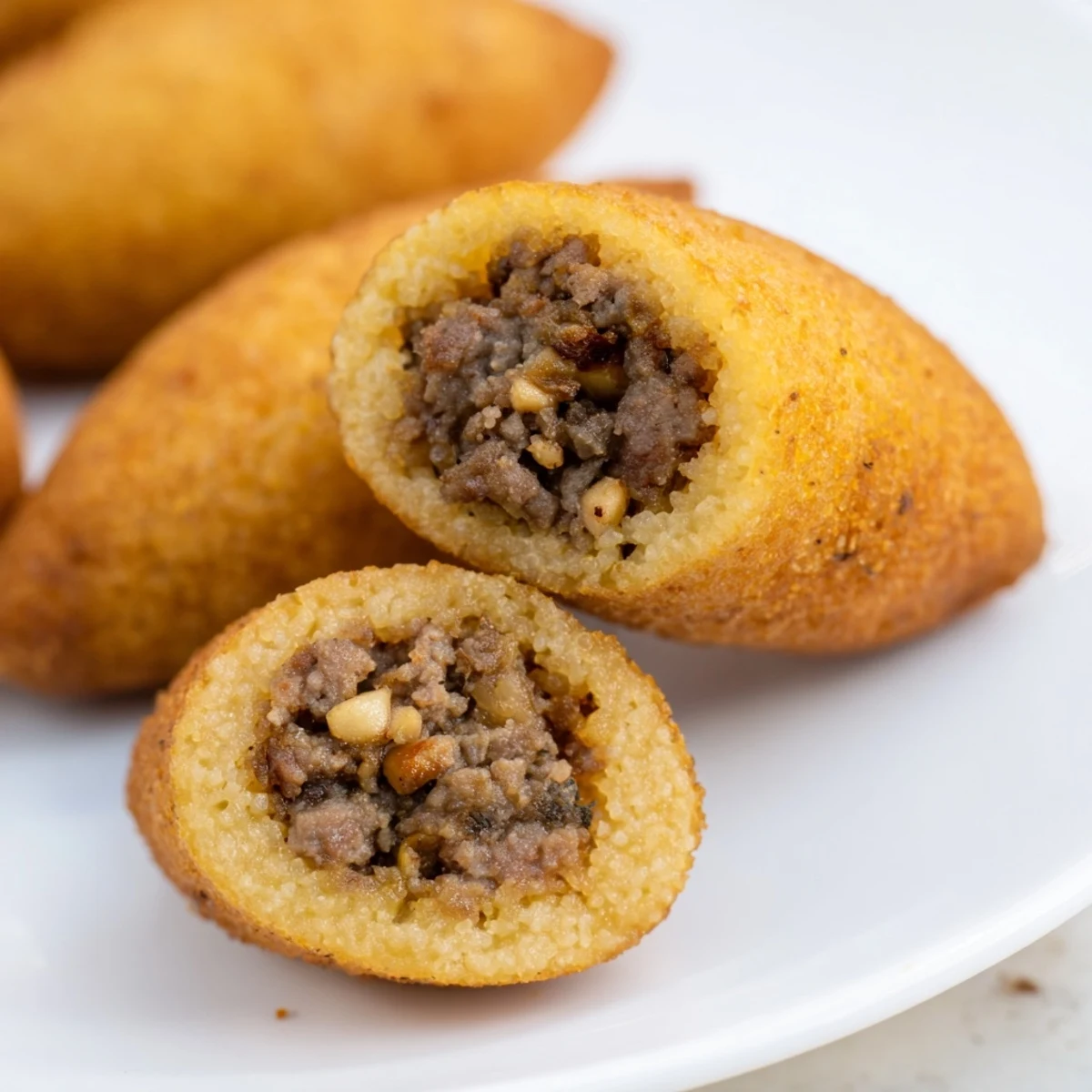 Close-up of baked Lebanese Kibbeh, revealing the flavorful meat and bulgur dough's texture.