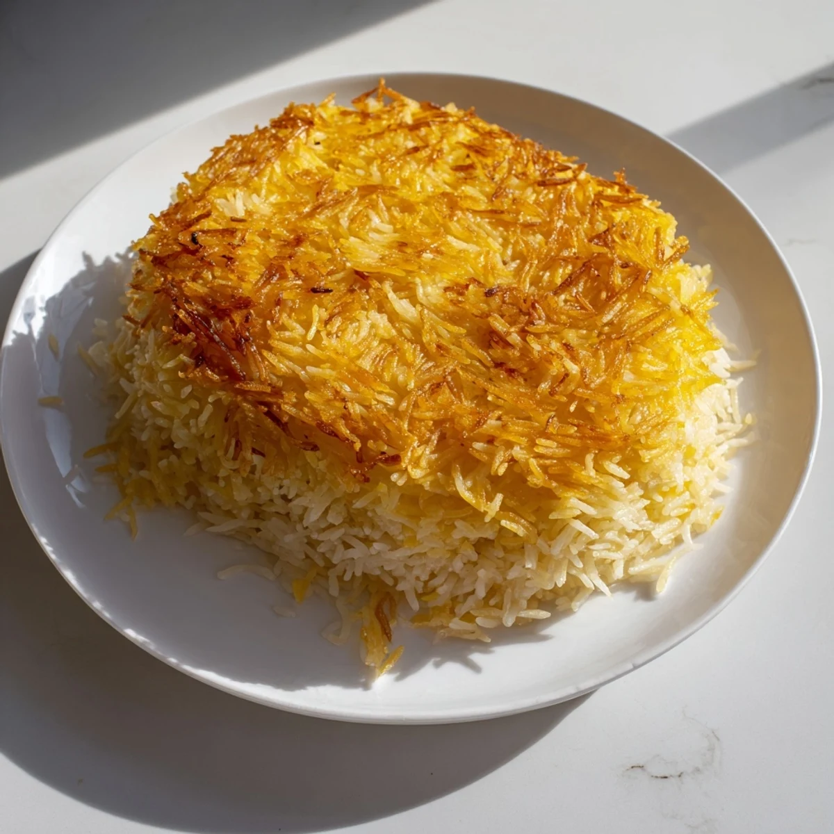 Golden Persian Tahdig rice with a crispy crust and fragrant, fluffy inner layers, ready to serve.