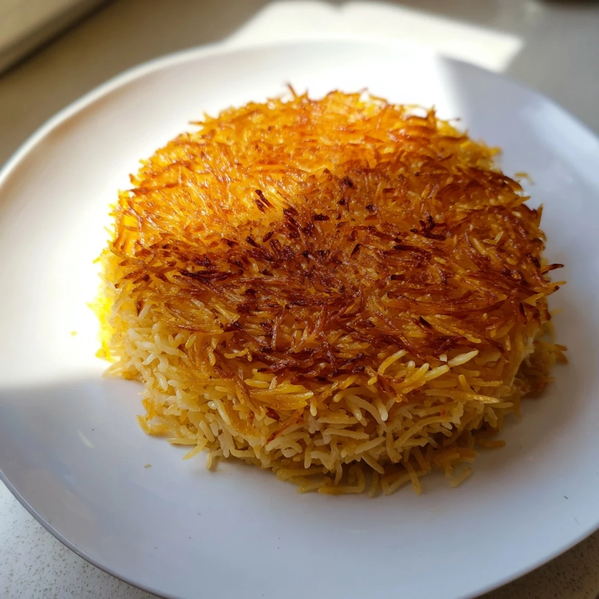 The stunning visual of Persian Tahdig rice: a golden crust, contrasting beautifully with the fluffy, saffron-infused rice.