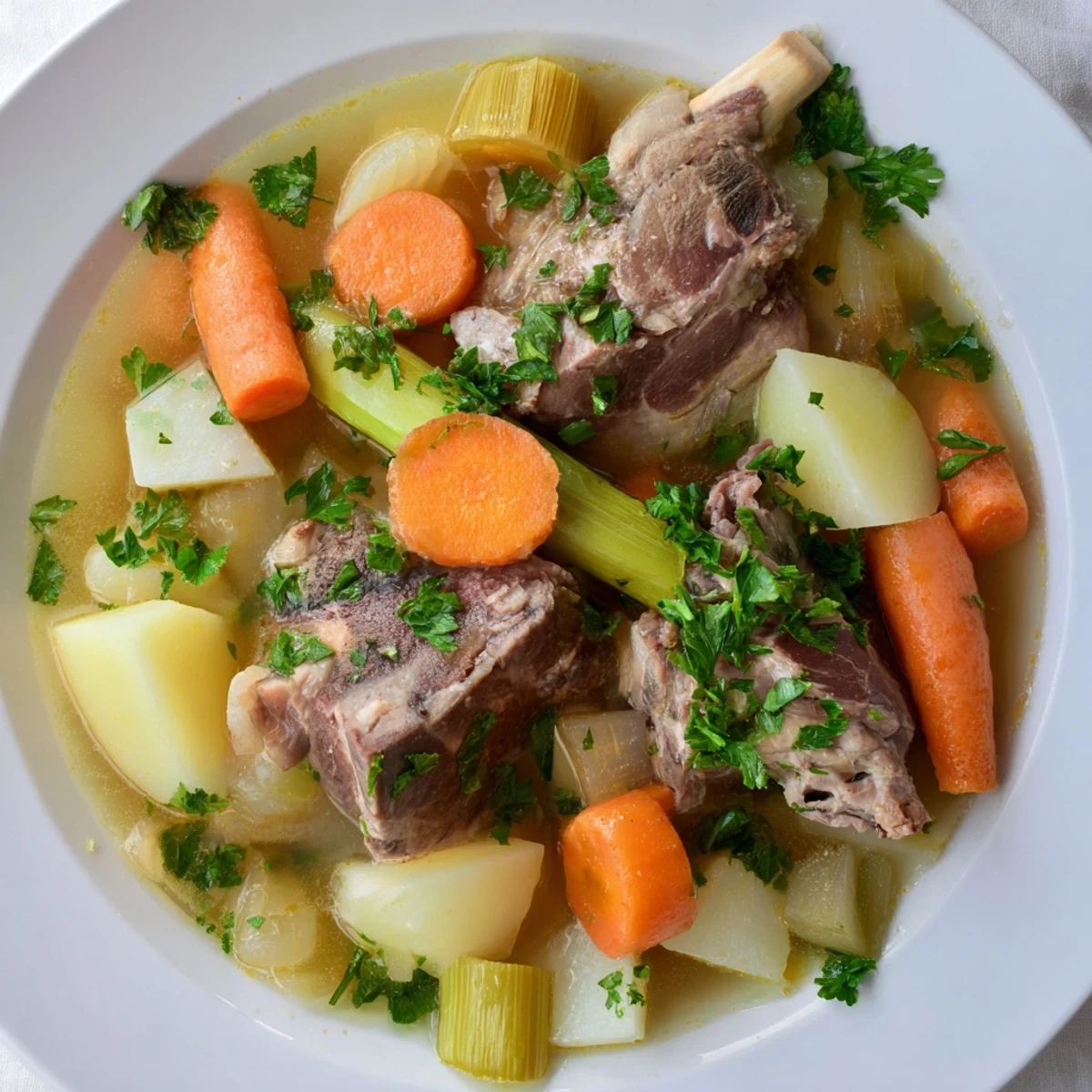 A close-up of a rustic Welsh Cawl, a hearty stew full of savory lamb and vegetables.