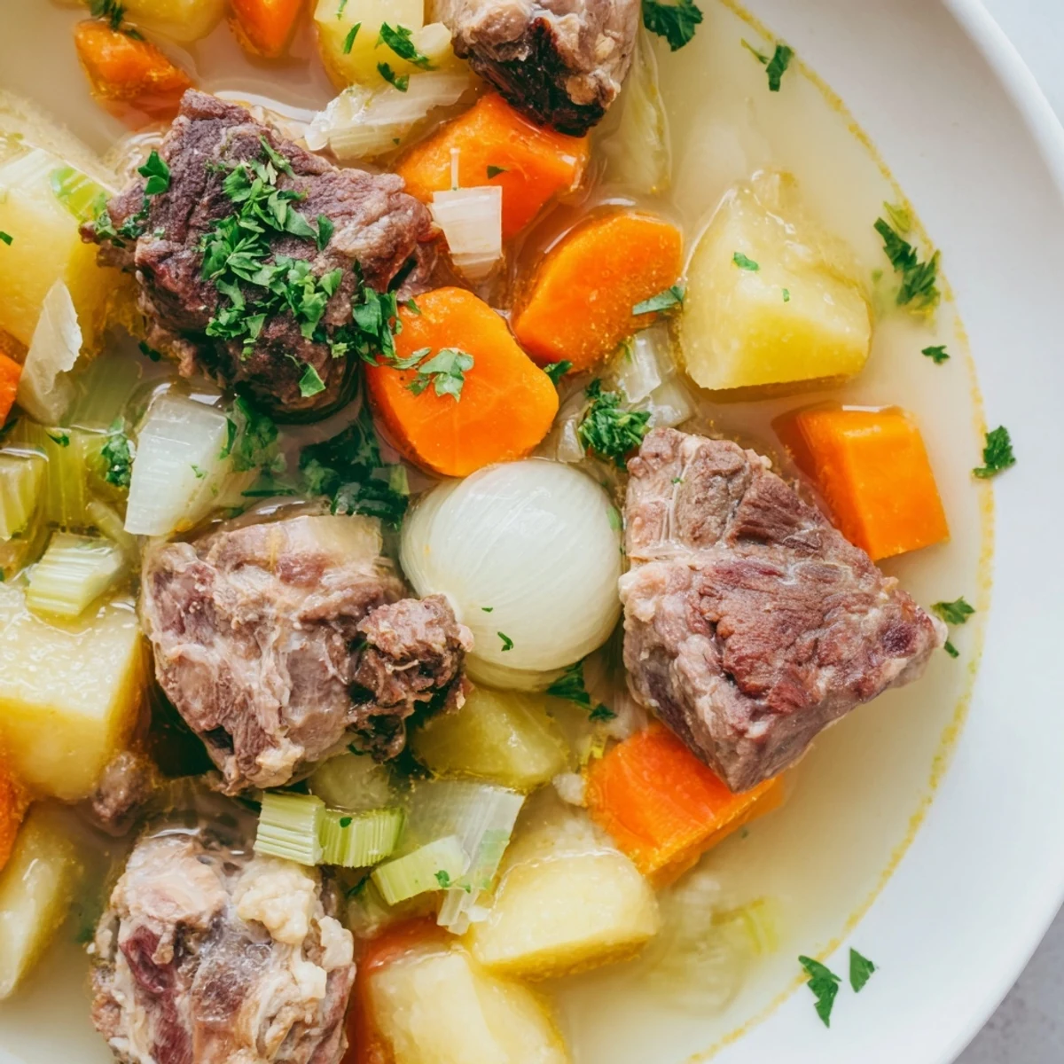 Steaming bowl of Welsh Cawl stew, showcasing tender lamb and root vegetables simmering in broth.