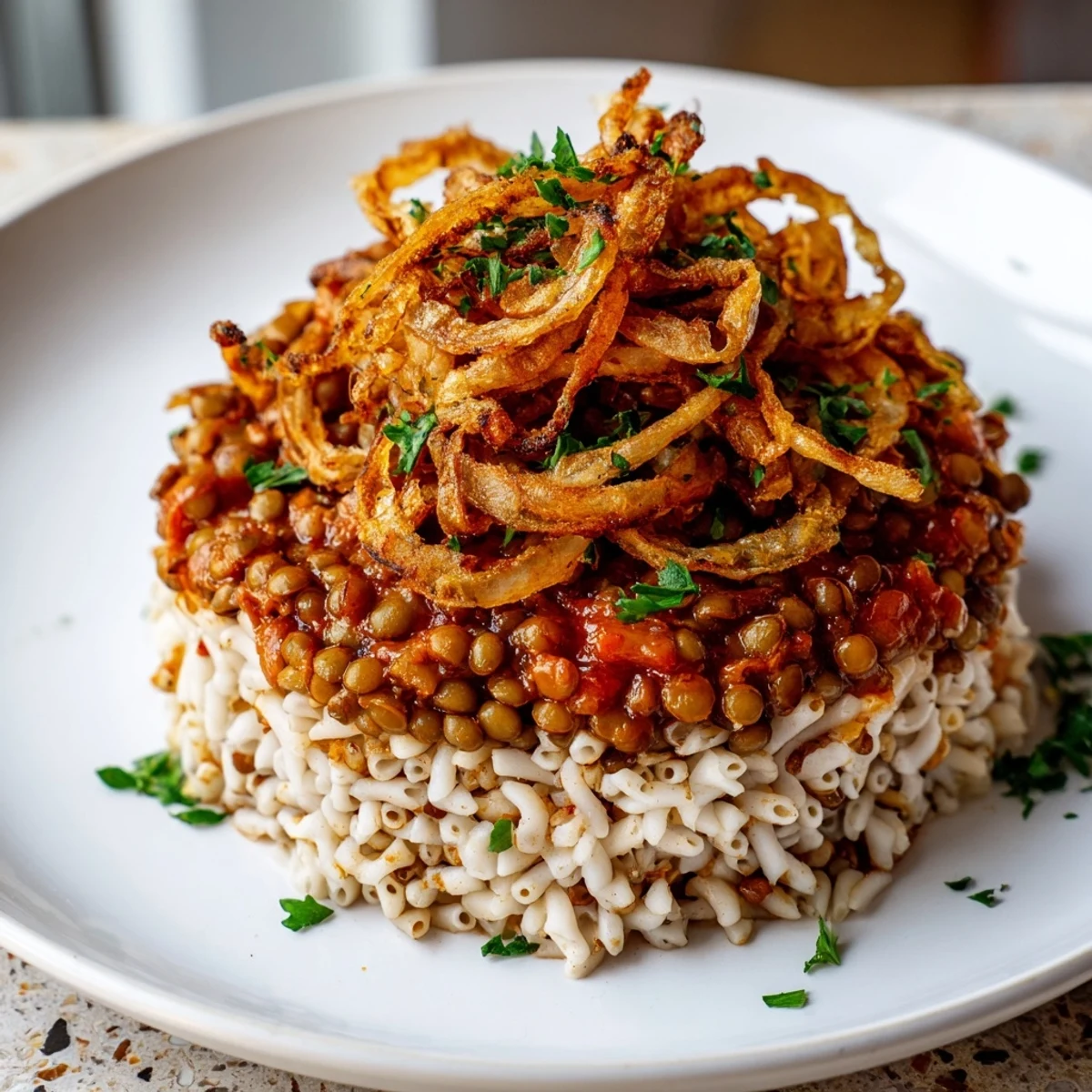 A steaming bowl of Egyptian Koshari, layered with flavorful rice, lentils, and rich tomato sauce.