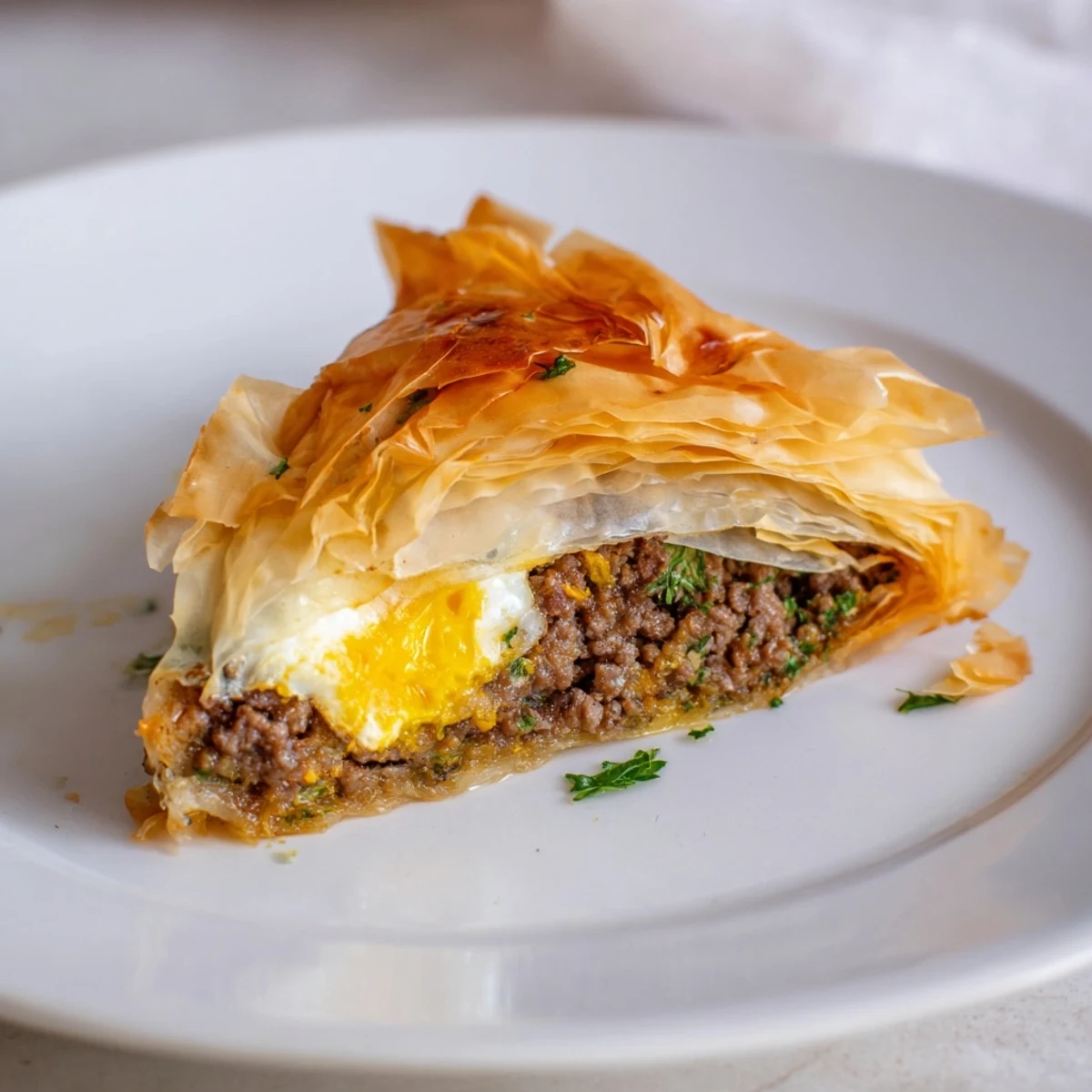 A close-up of a perfectly cooked Tunisian Brik pastry, ready to be enjoyed as an appetizer.