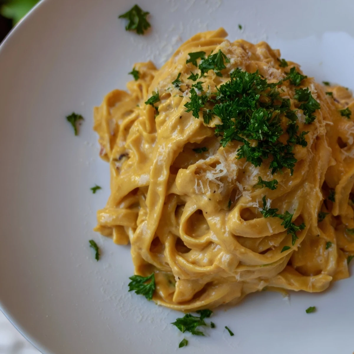 Golden butternut squash pasta with creamy sauce, garnished with fresh parsley for visual appeal.