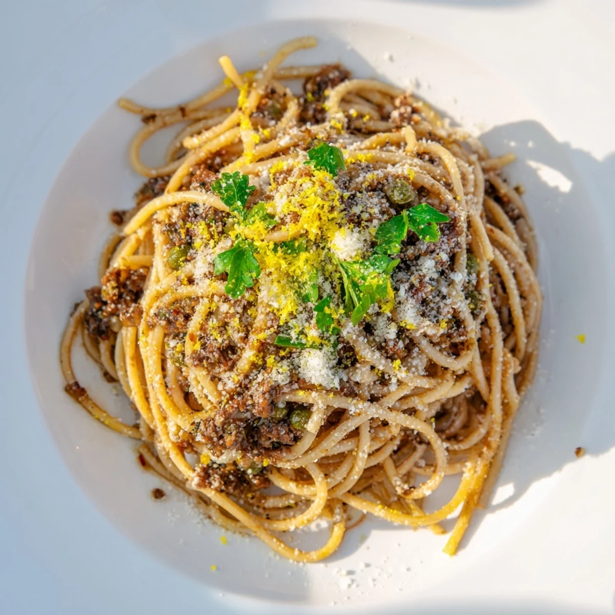 Freshly made Olive Tapenade Pasta with vibrant green parsley, ready to be enjoyed.