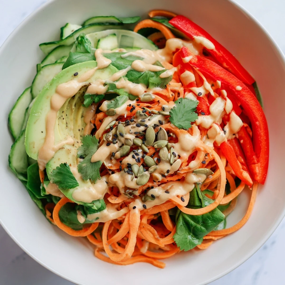 Brightly colored Carrot Noodle Skincare Bowl with fresh vegetables and creamy avocado, ready to eat.