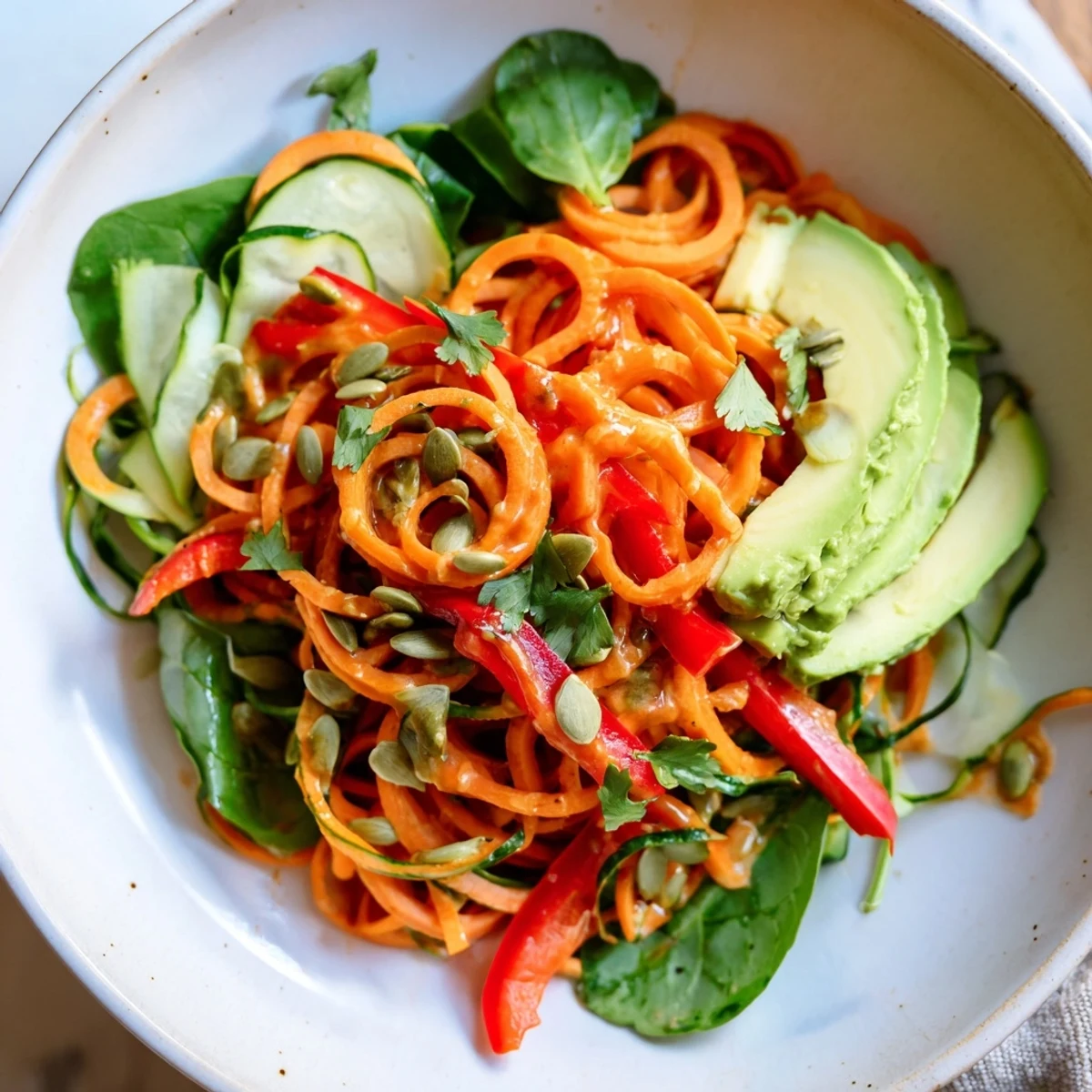Vibrant Carrot Noodle Skincare Bowl with colorful veggies, creamy avocado, and zesty tahini dressing.