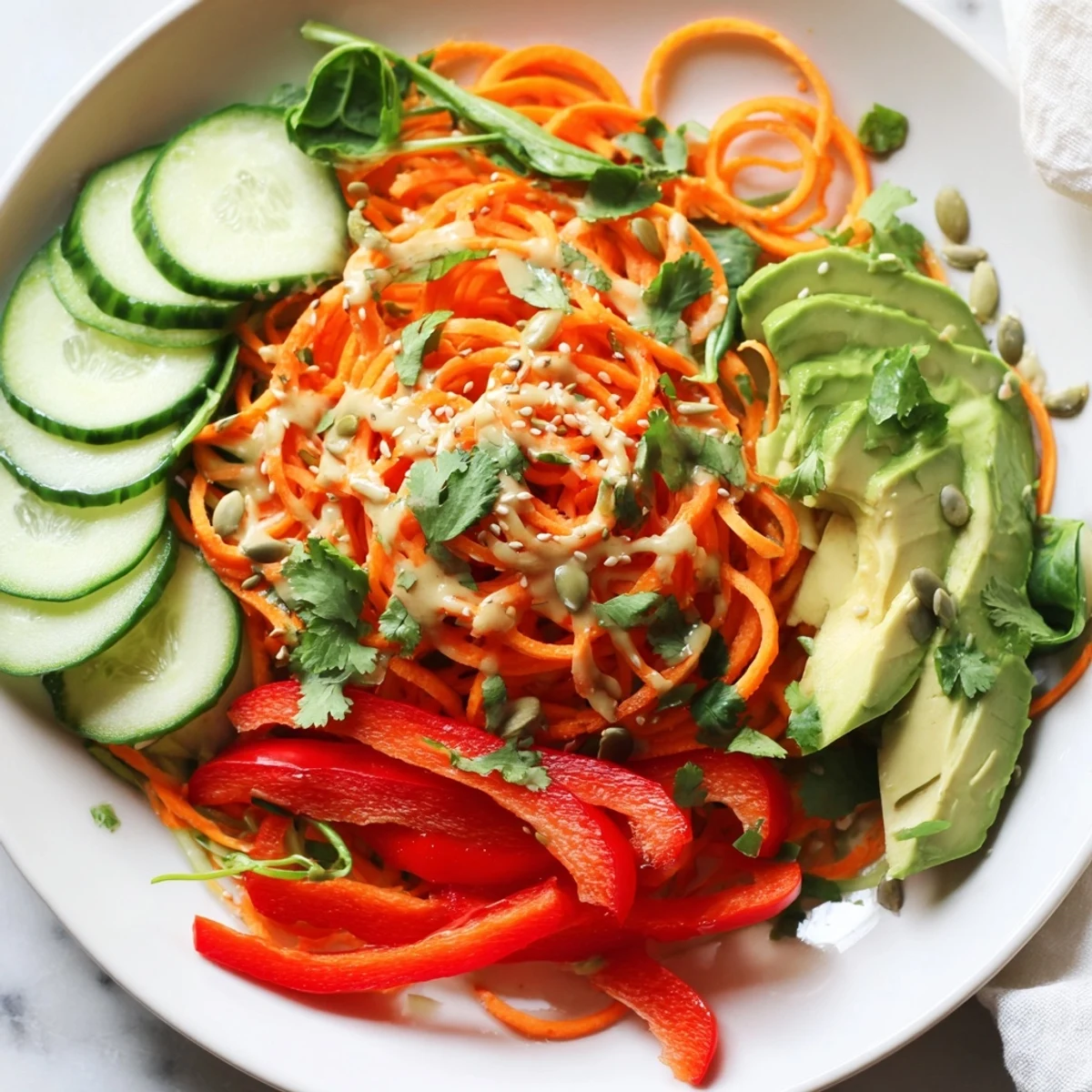 Freshly prepared Carrot Noodle Skincare Bowl showing spiralized carrots as noodles, ready to eat.