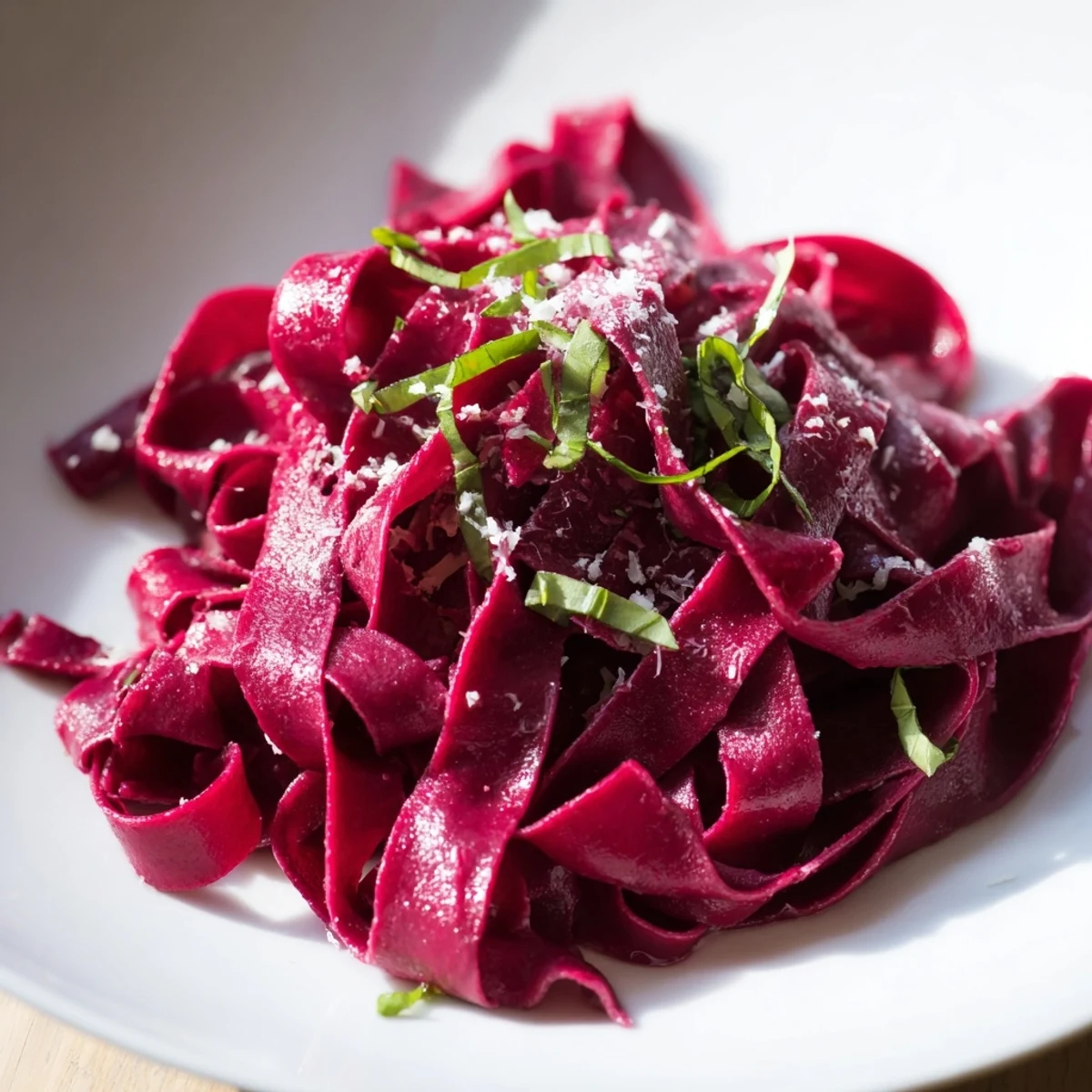 Vibrant magenta Beet Noodle Pasta, perfectly twirled and ready to be tossed with herbs and cheese.