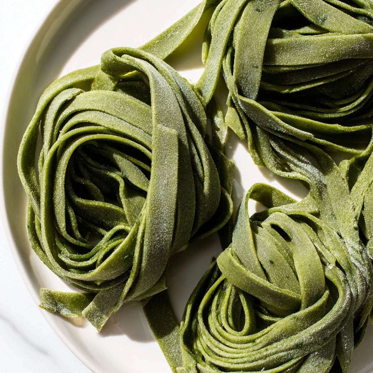 Homemade spinach pasta dough in a beautiful swirl, showcasing the vibrant green of the spinach.