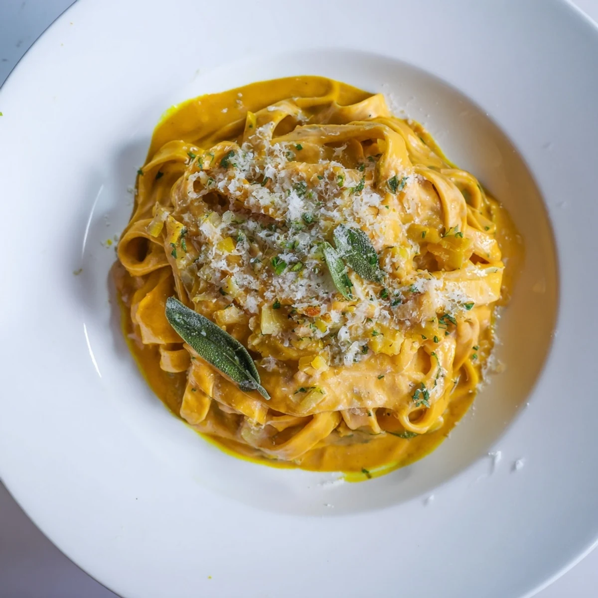 A creamy bowl of butternut squash pasta, a comforting Italian-inspired vegetarian dish.