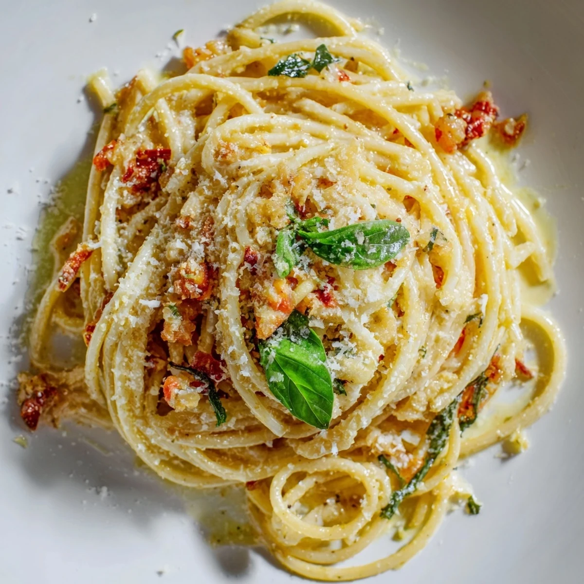 Creamy, flavorful Roasted Garlic Pasta Sauce coats perfectly cooked pasta ready to be enjoyed.