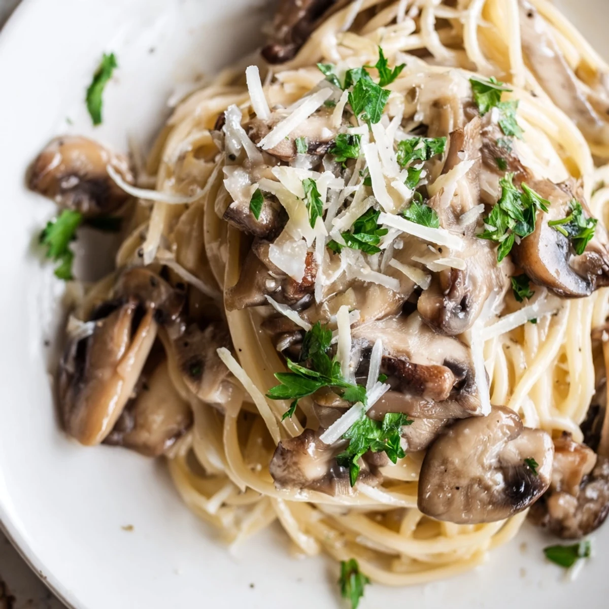 A close-up of creamy mushroom linguine, a comforting pasta dish, ready to eat.