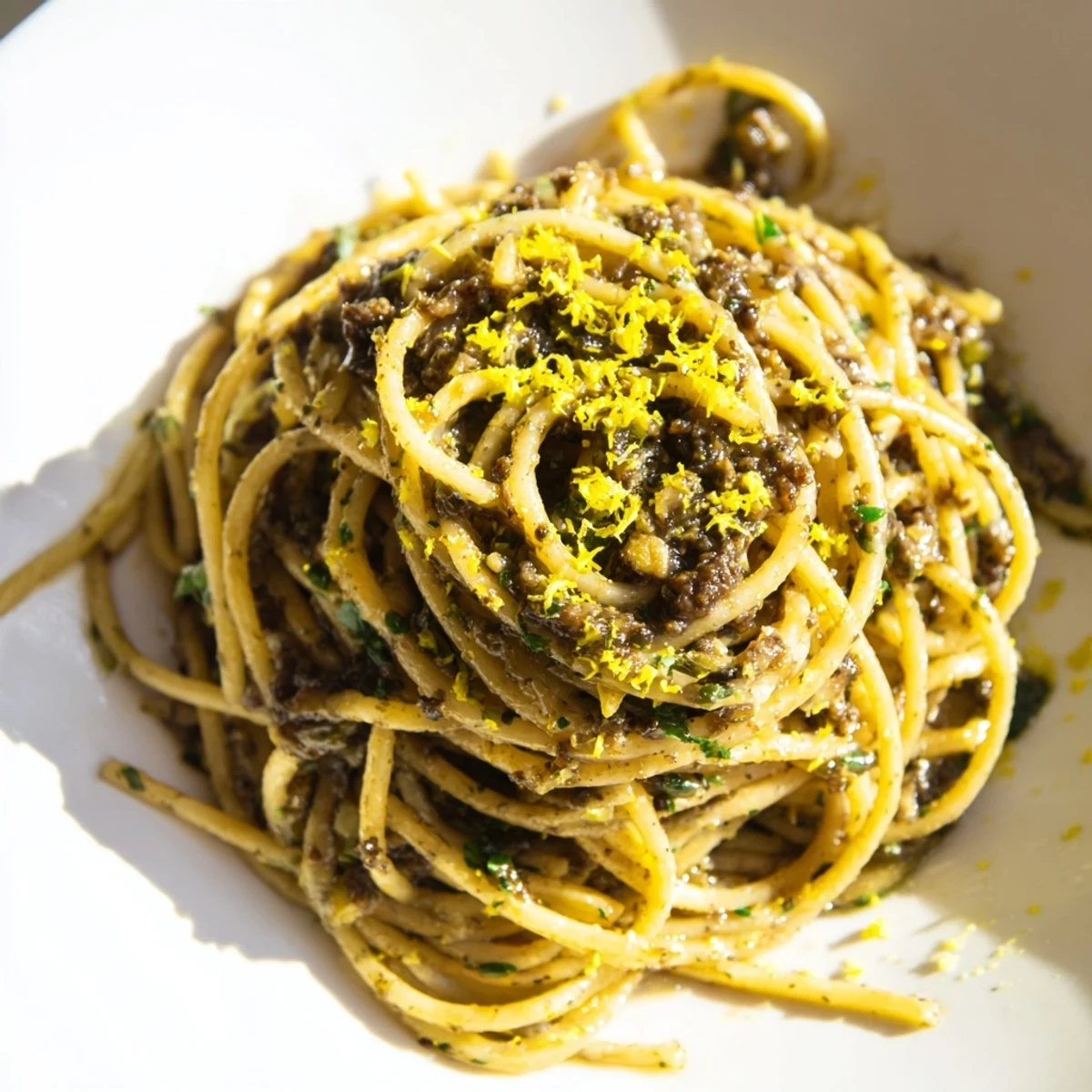 This close-up showcases flavorful olive tapenade pasta, a vegetarian delight with fresh parsley and lemon zest.