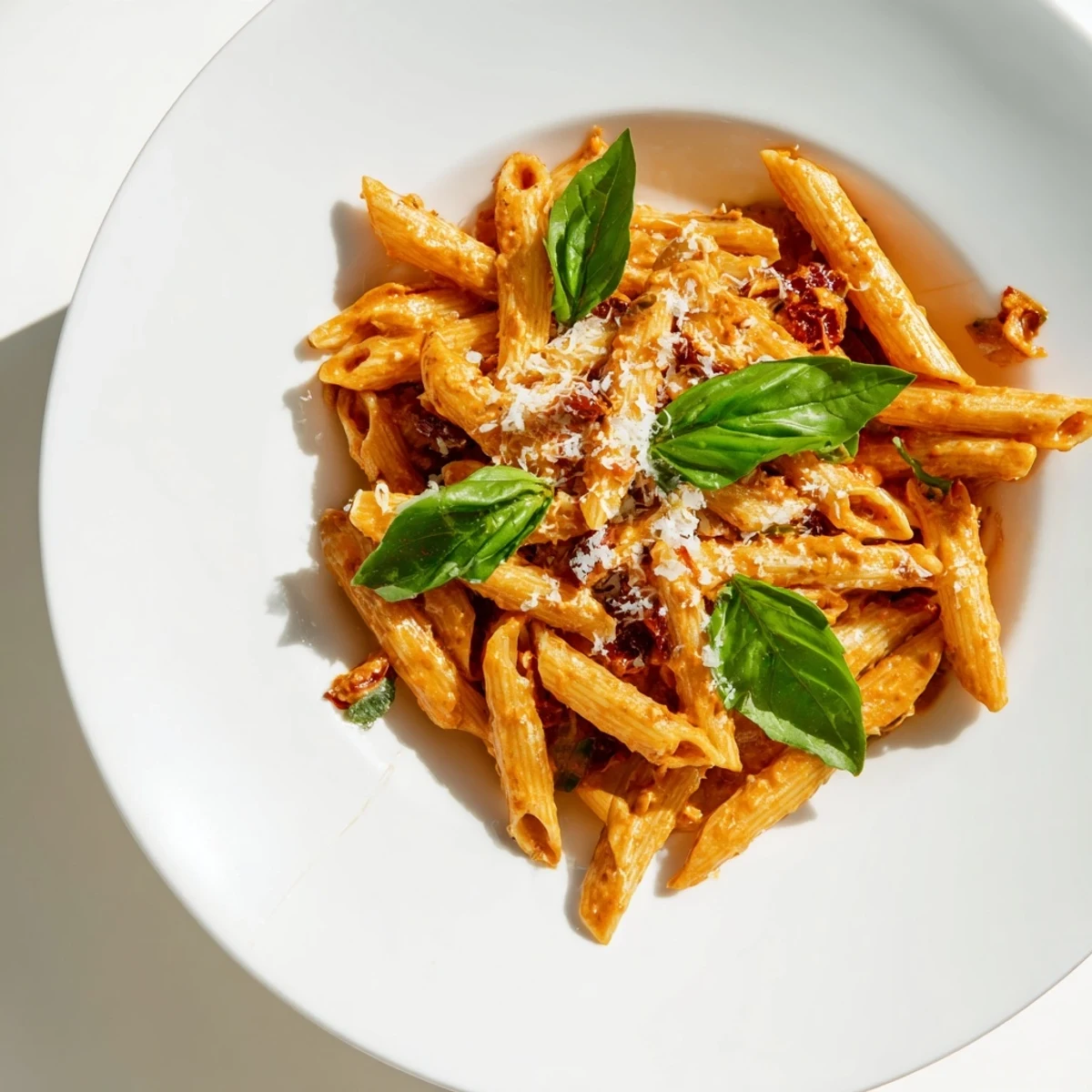 Vibrant sun-dried tomatoes blend into a pesto, tossed with pasta offering a delicious vegetarian dish.