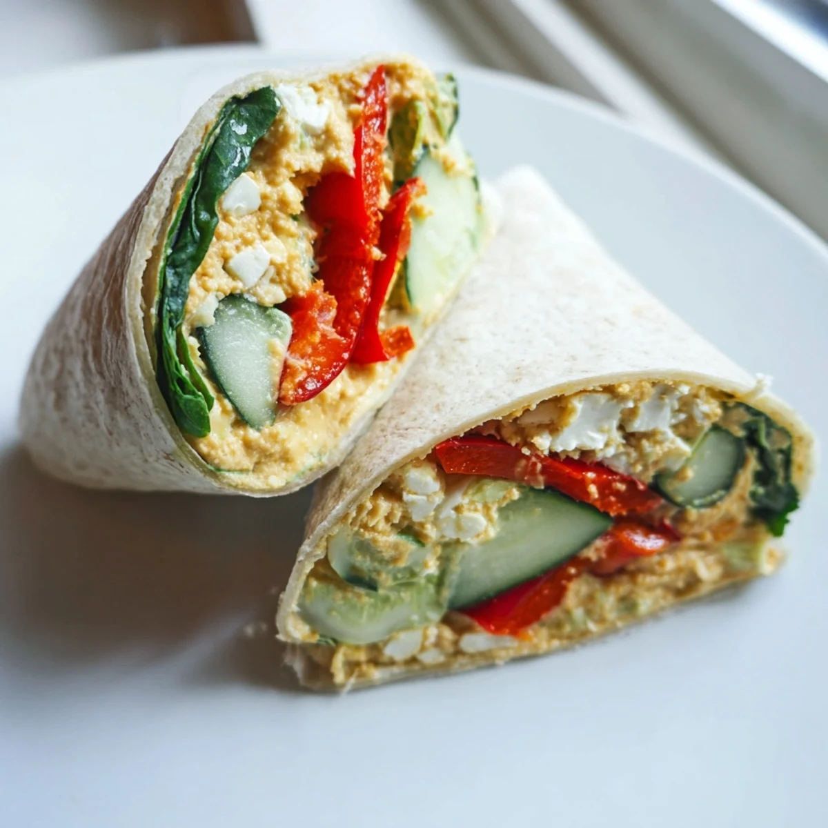 A vibrant Mediterranean Veggie Wrap filled with creamy hummus, roasted red peppers, and fresh spinach.