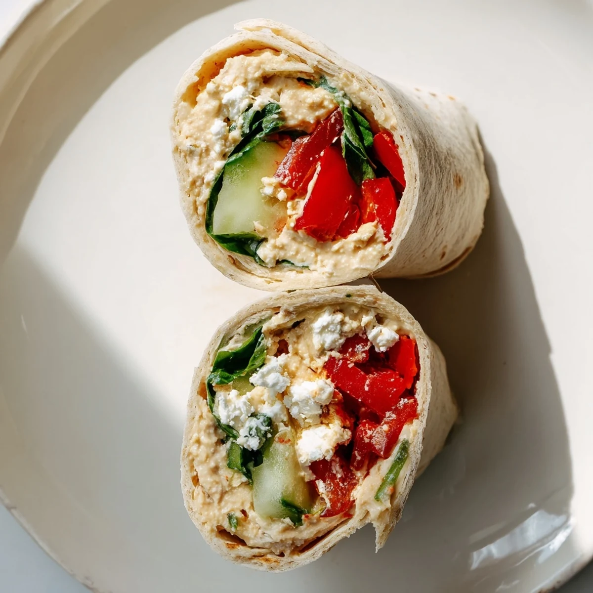 Perfect Mediterranean Veggie Wrap ready for lunch, served with sparkling water and lemon on the side.