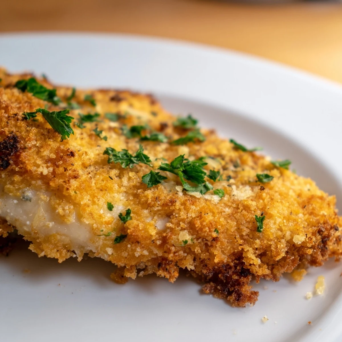 Golden-brown roasted garlic Parmesan chicken breasts resting on a baking sheet, garnished with fresh parsley.  
