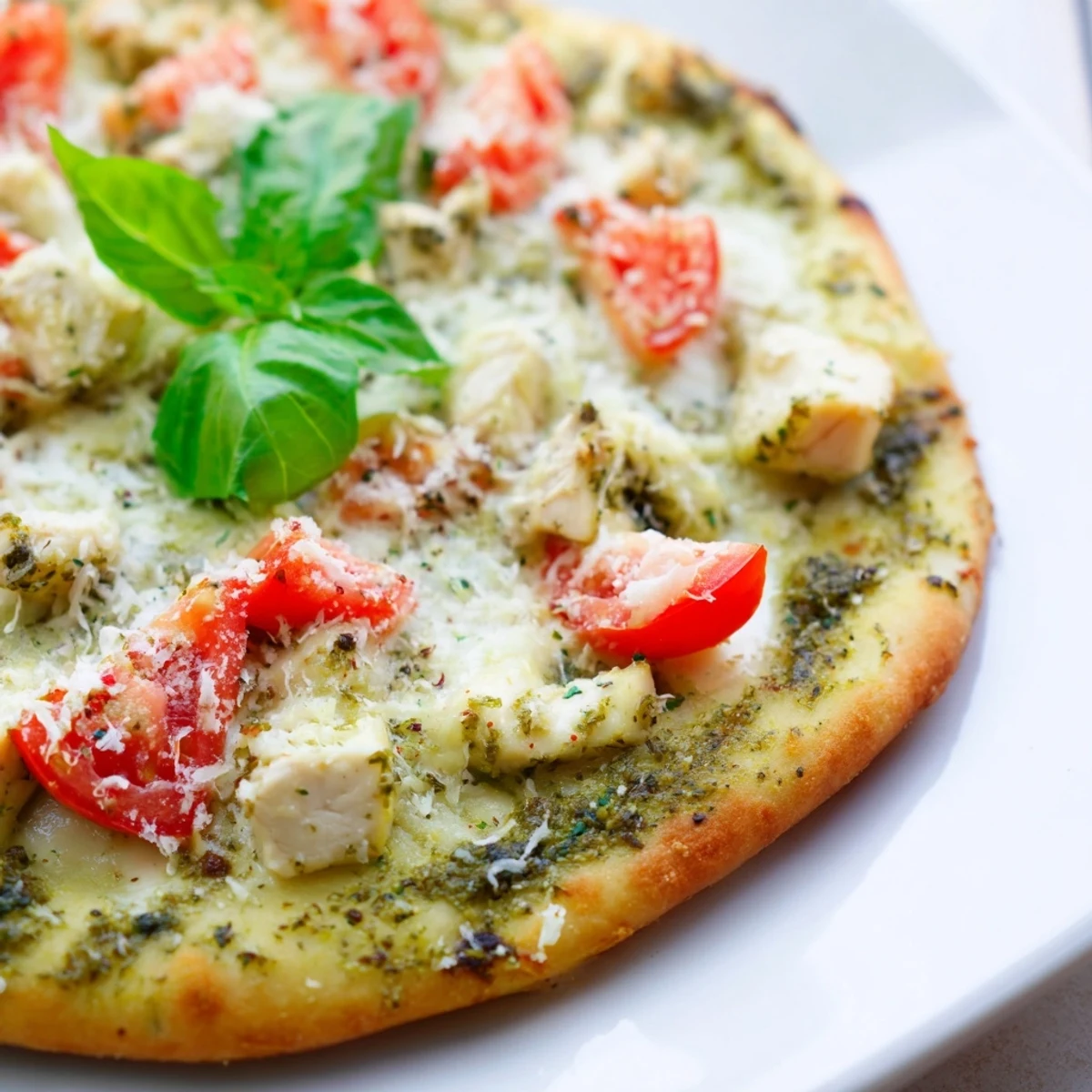Fragrant basil pesto and seasoned chicken cover this hot Chicken Pesto Pizza, garnished with fresh herbs and ready to slice.