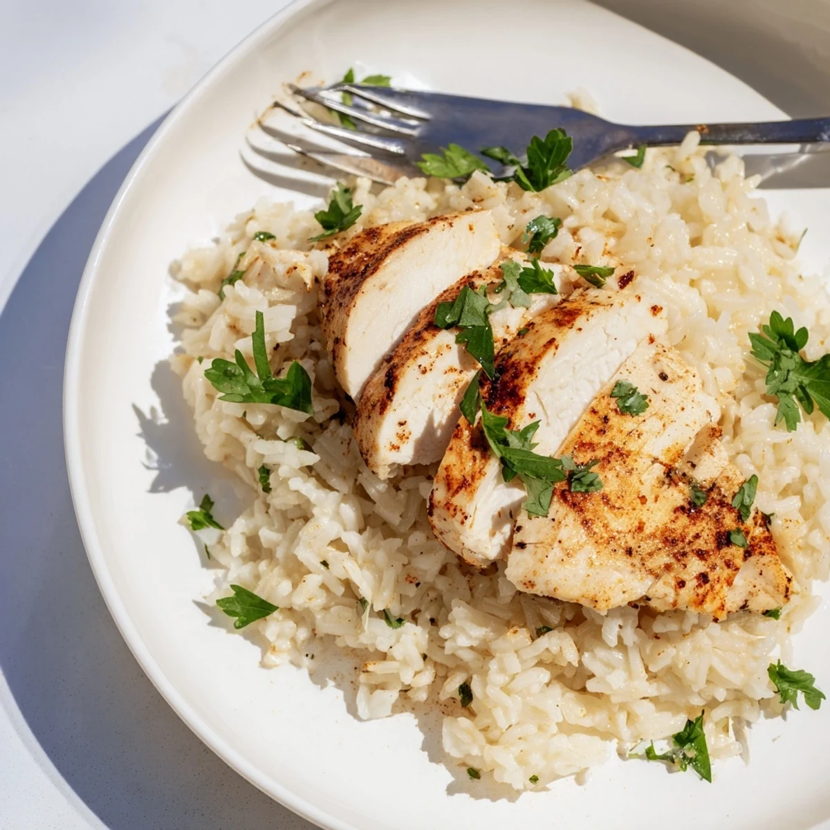 A close-up of tender grilled chicken and aromatic garlic butter rice, steaming gently and garnished with vibrant green parsley and lemon.