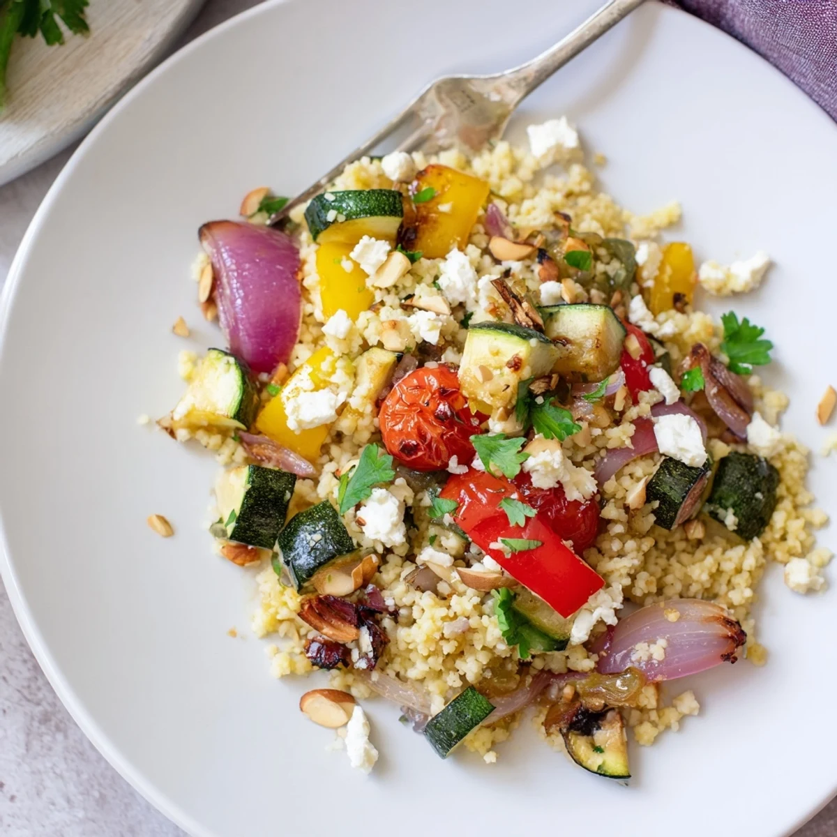 A close-up of Roasted Veggie Couscous Salad shows golden, caramelized vegetables and fresh herbs over grains, topped with crumbled feta and toasted pine nuts.  