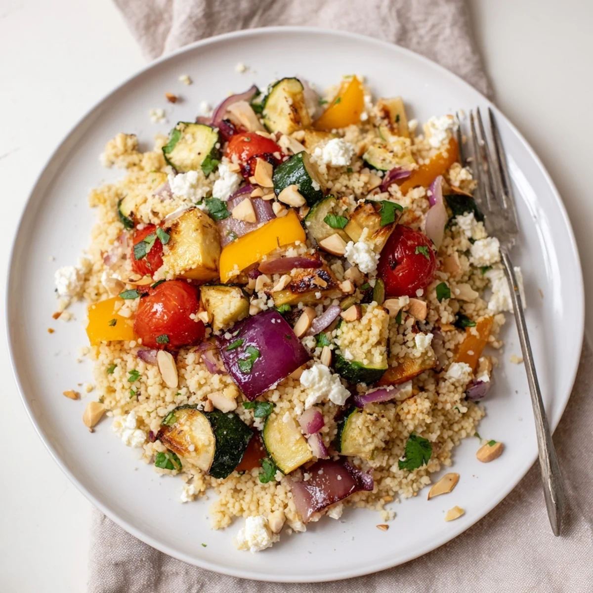 This Mediterranean Roasted Veggie Couscous Salad is a colorful, light main dish or side, featuring tender roasted vegetables and a bright lemon dressing.