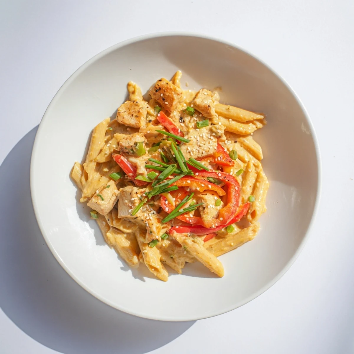Tossed sweet chili chicken pasta garnished with fresh green onions, cilantro, and sesame seeds, served steaming on a plate.