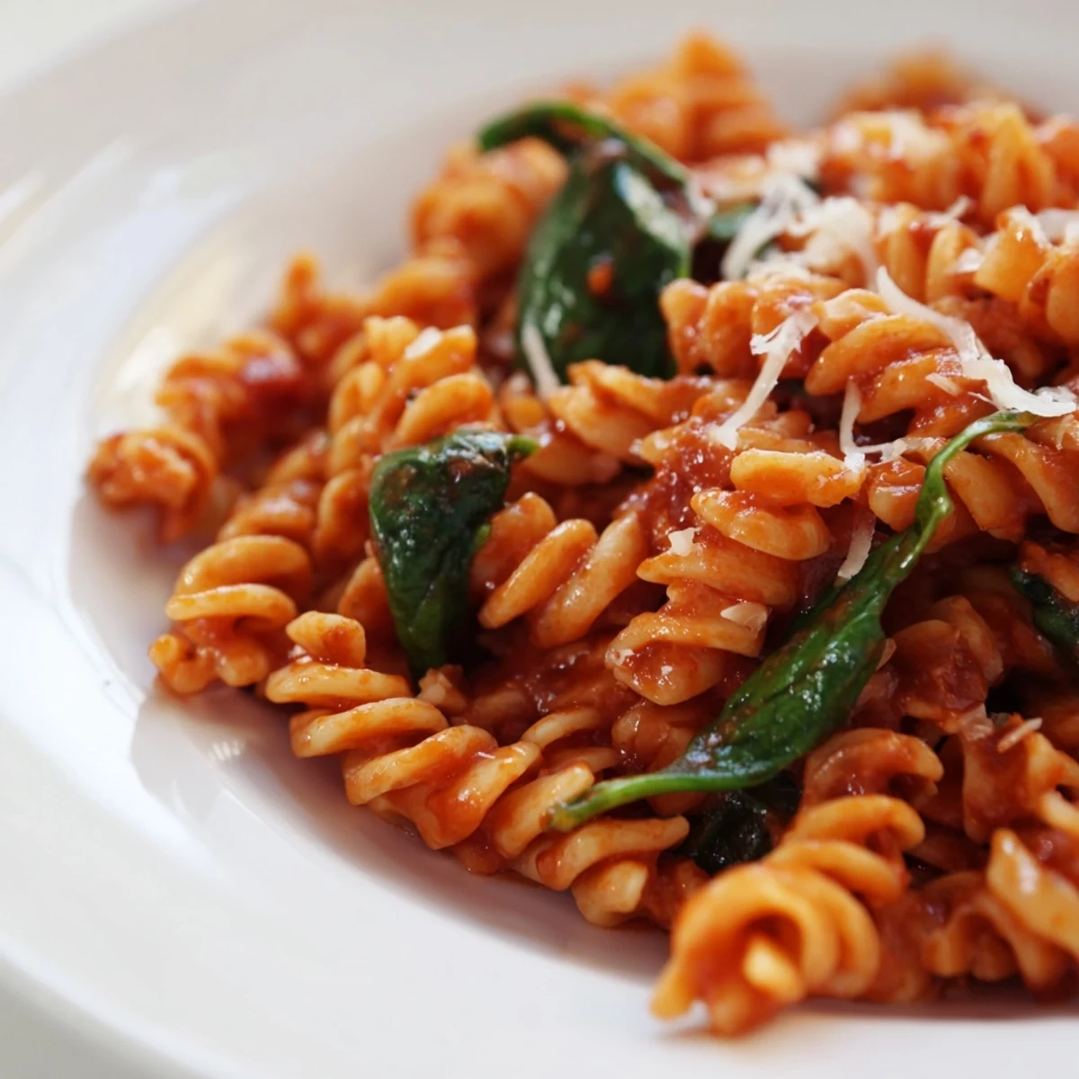 Steaming Tomato Spinach One-Pot Rotini features rotini, juicy diced tomatoes, fresh greens, and a sprinkle of Parmesan cheese, ready to serve.